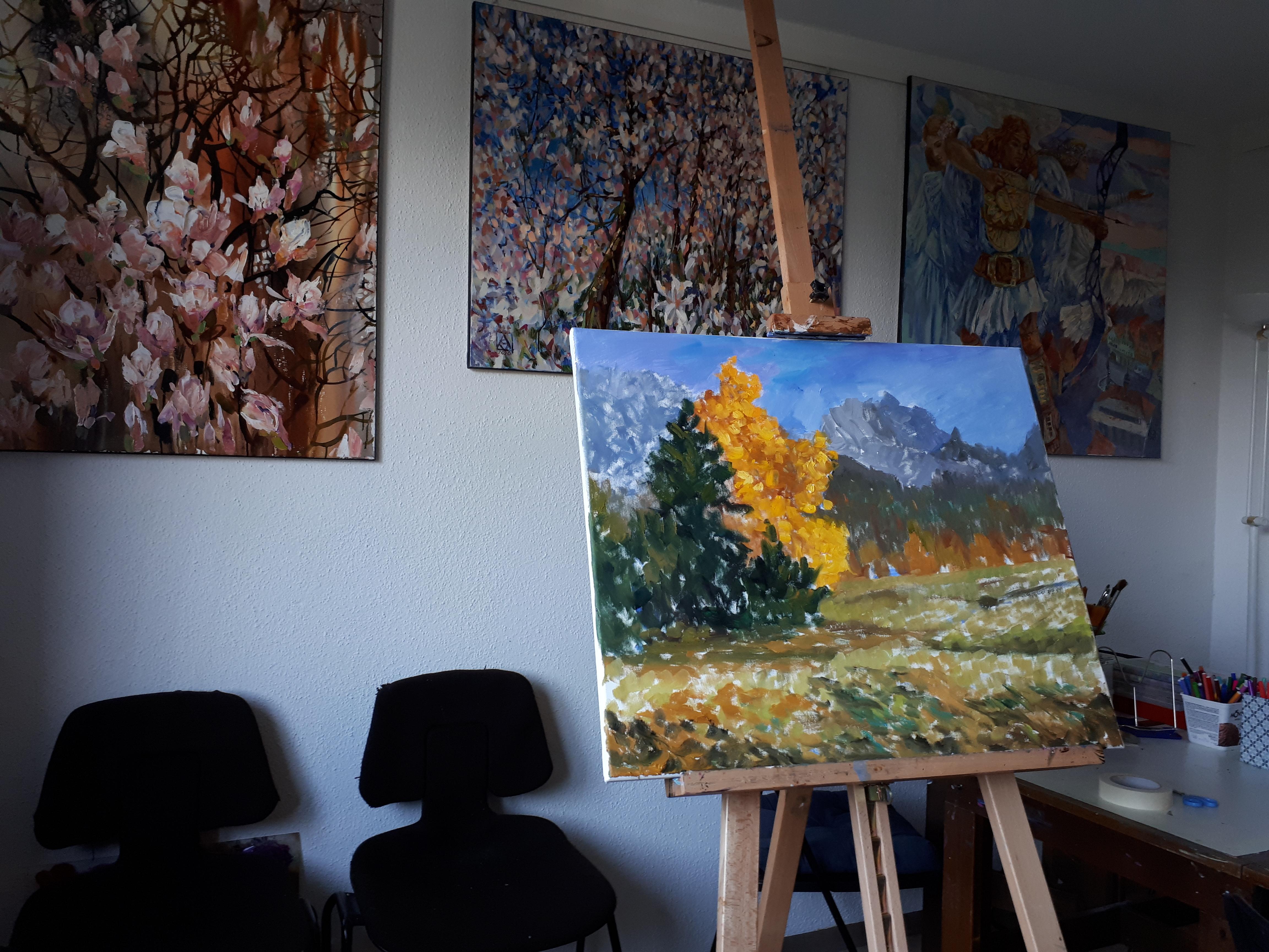 Herbst in den Bergen Liechtensteins. Landschaft in Öl, Schönheit, Natur. im Angebot 4