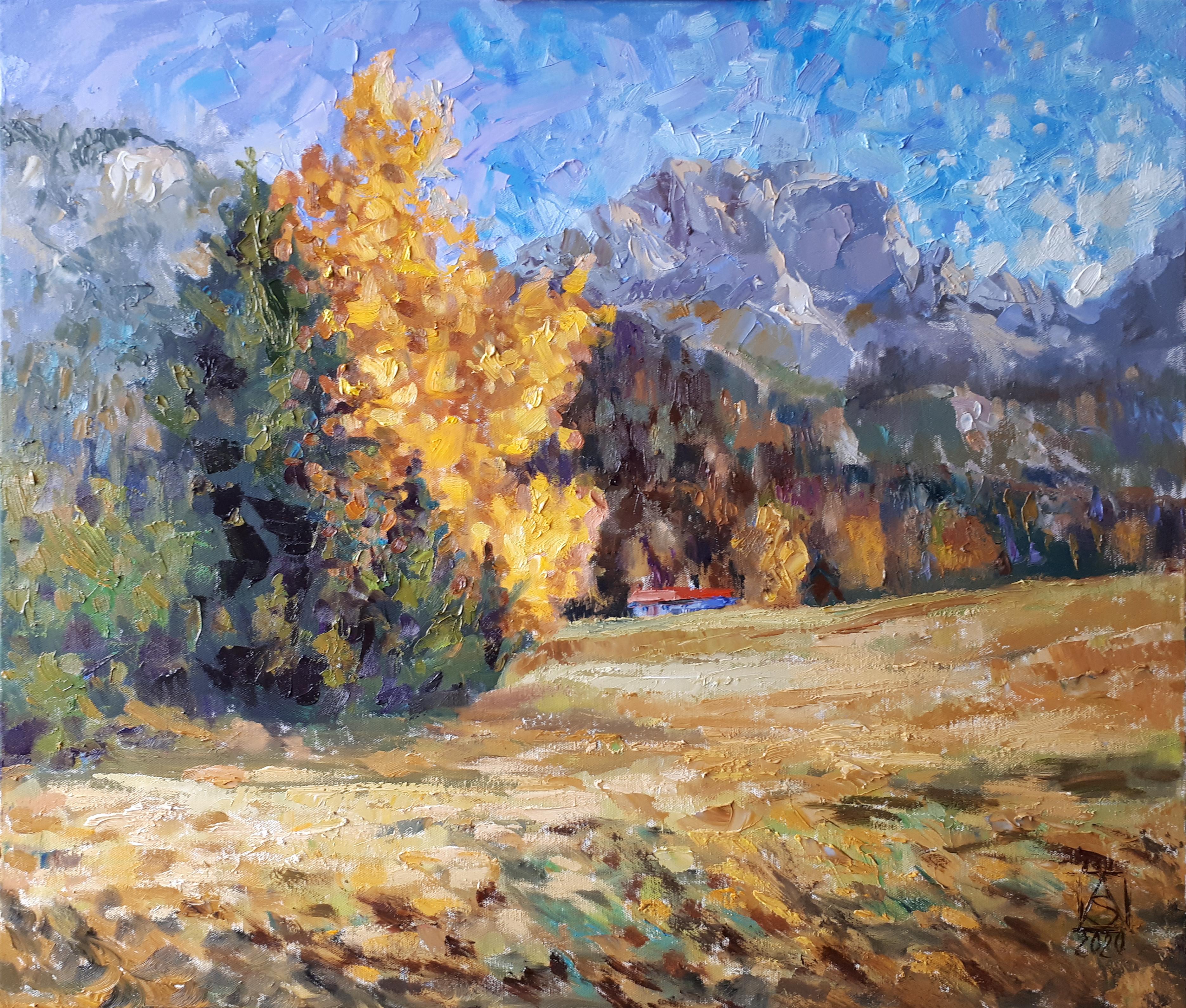 Herbst in den Bergen Liechtensteins. Landschaft in Öl, Schönheit, Natur.