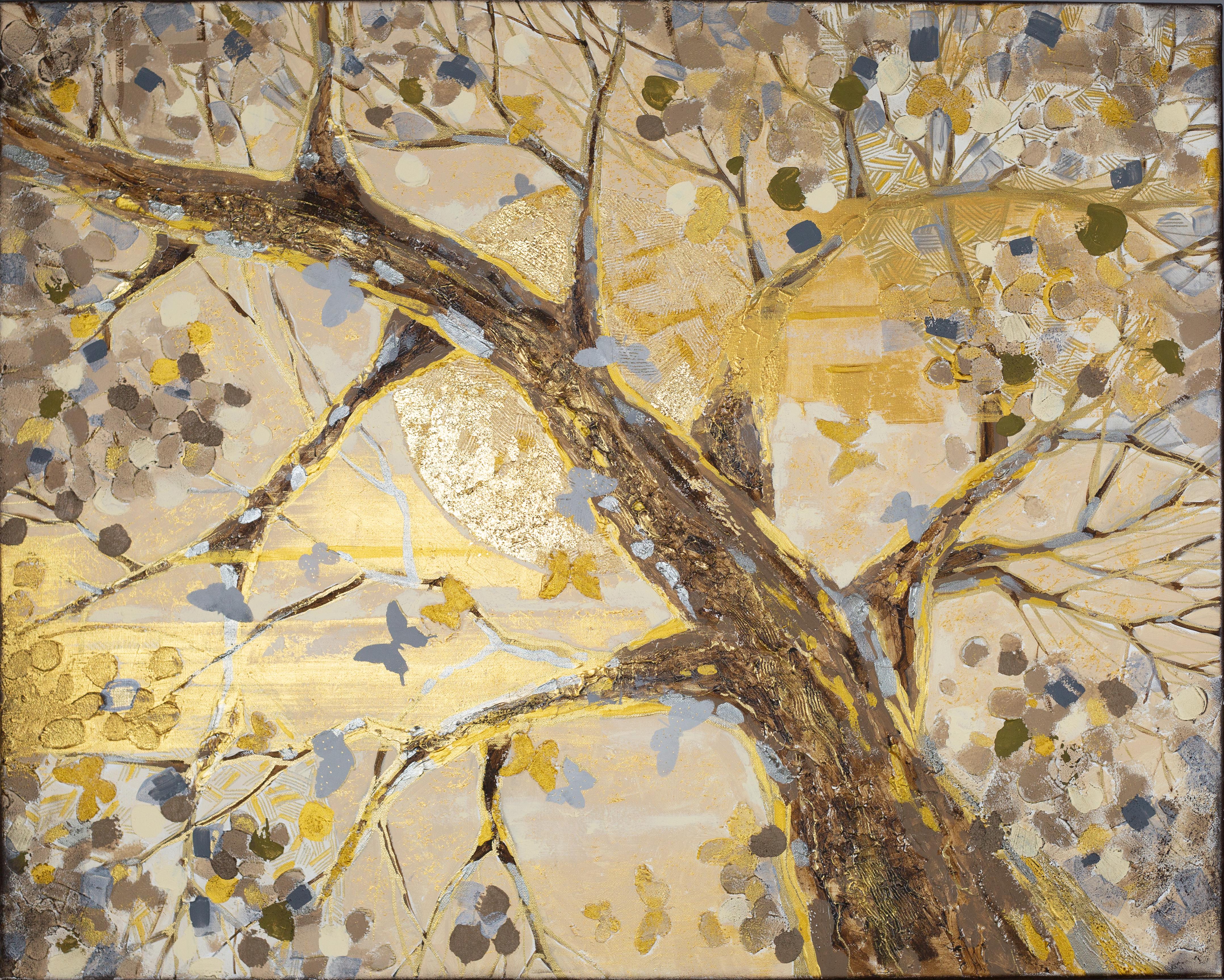 Anna Shesterikova Abstract Painting - Awakening. Large, horizontal, tree, gold, Japandi, Wabi-Sabi, Shabby Chic