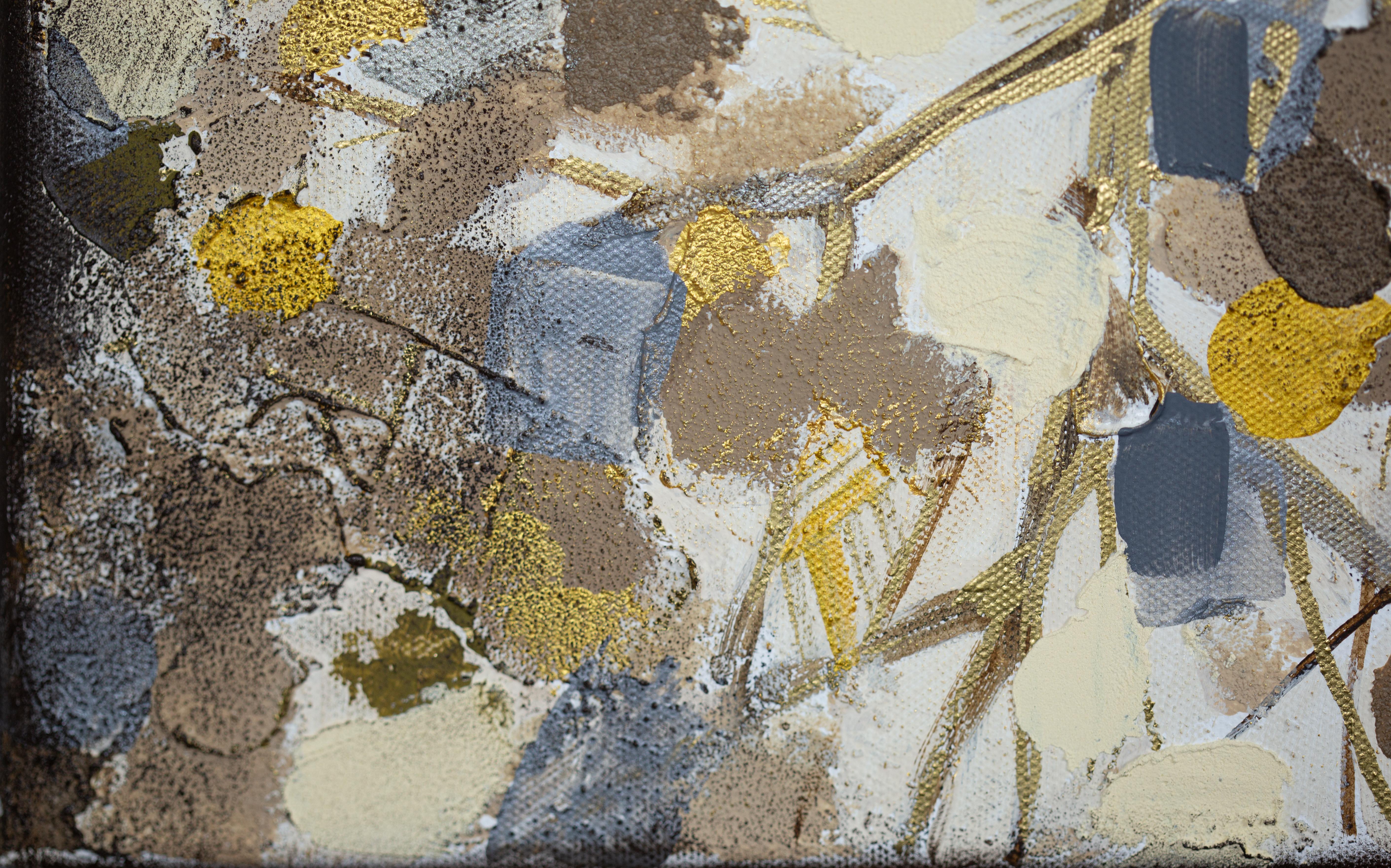 Despertar. Grande, horizontal, madera, oro, moderno semiabstracto. - Painting de Anna Shesterikova