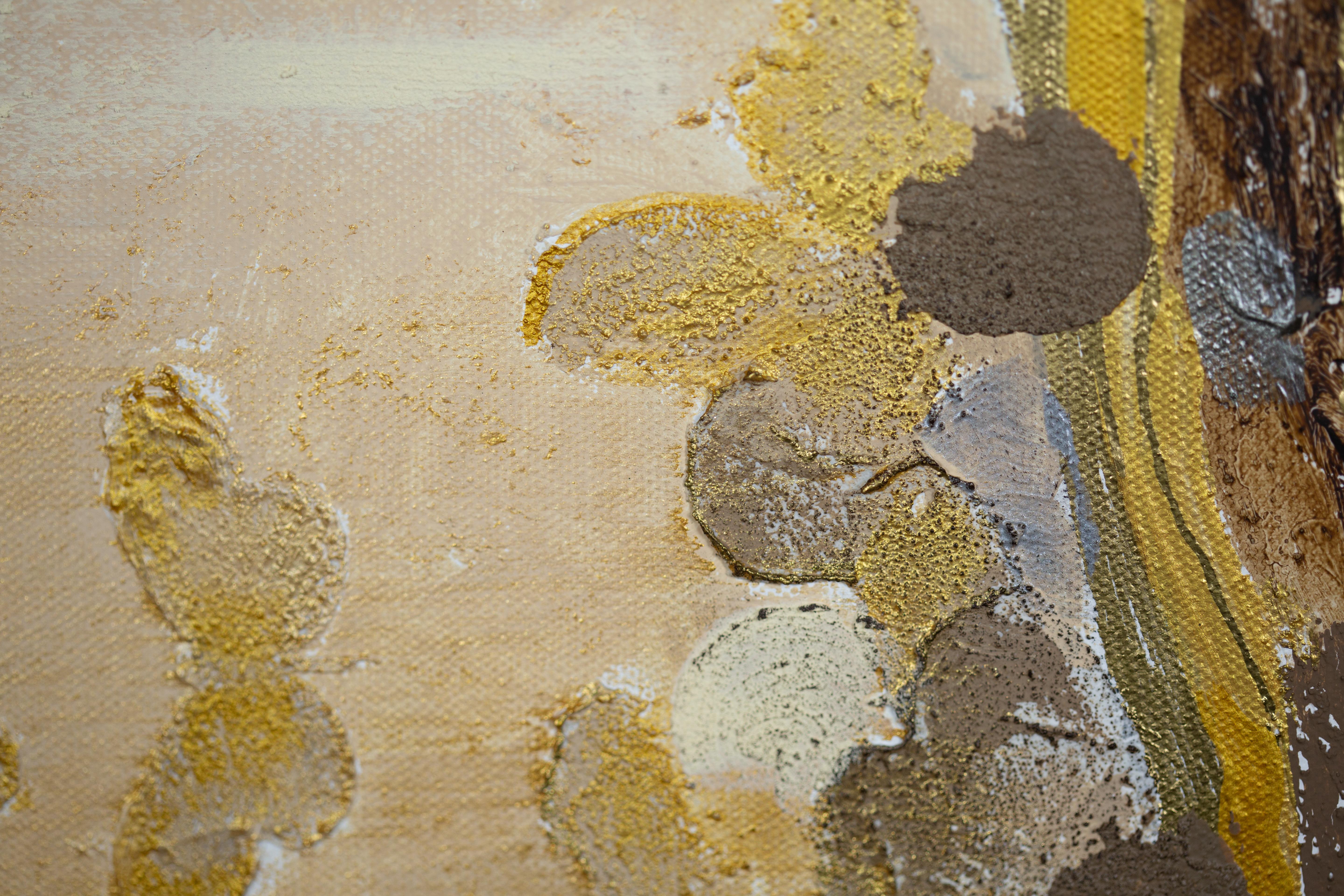 Despertar. Grande, horizontal, madera, oro, moderno semiabstracto. - Abstract Painting Beige de Anna Shesterikova