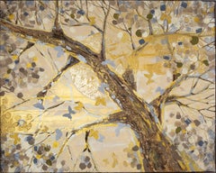 Awakening. Large, horizontal, wood, gold, modern semi-abstract.