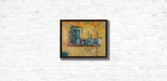 Balcony in Old Ventimiglia. Italy, oil, impressionism, yellow, blue, sea, summer