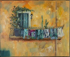 Balcony in Old Ventimiglia. Italy, oil, impressionism, yellow, blue, sea, summer