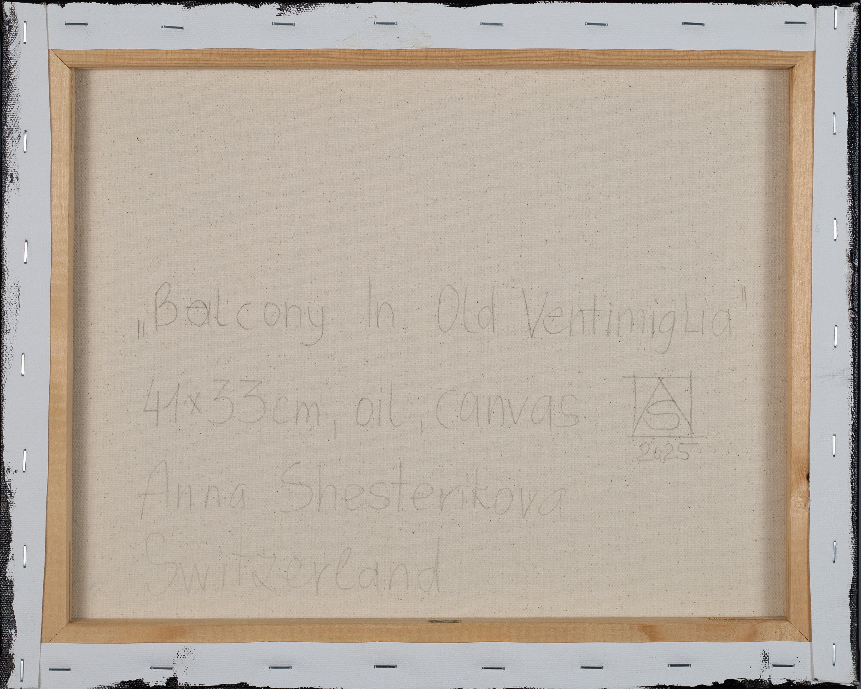 Balcon dans la vieille ville de Vintimille. Italie, jaune, bleu, balcon, mer, été en vente 10