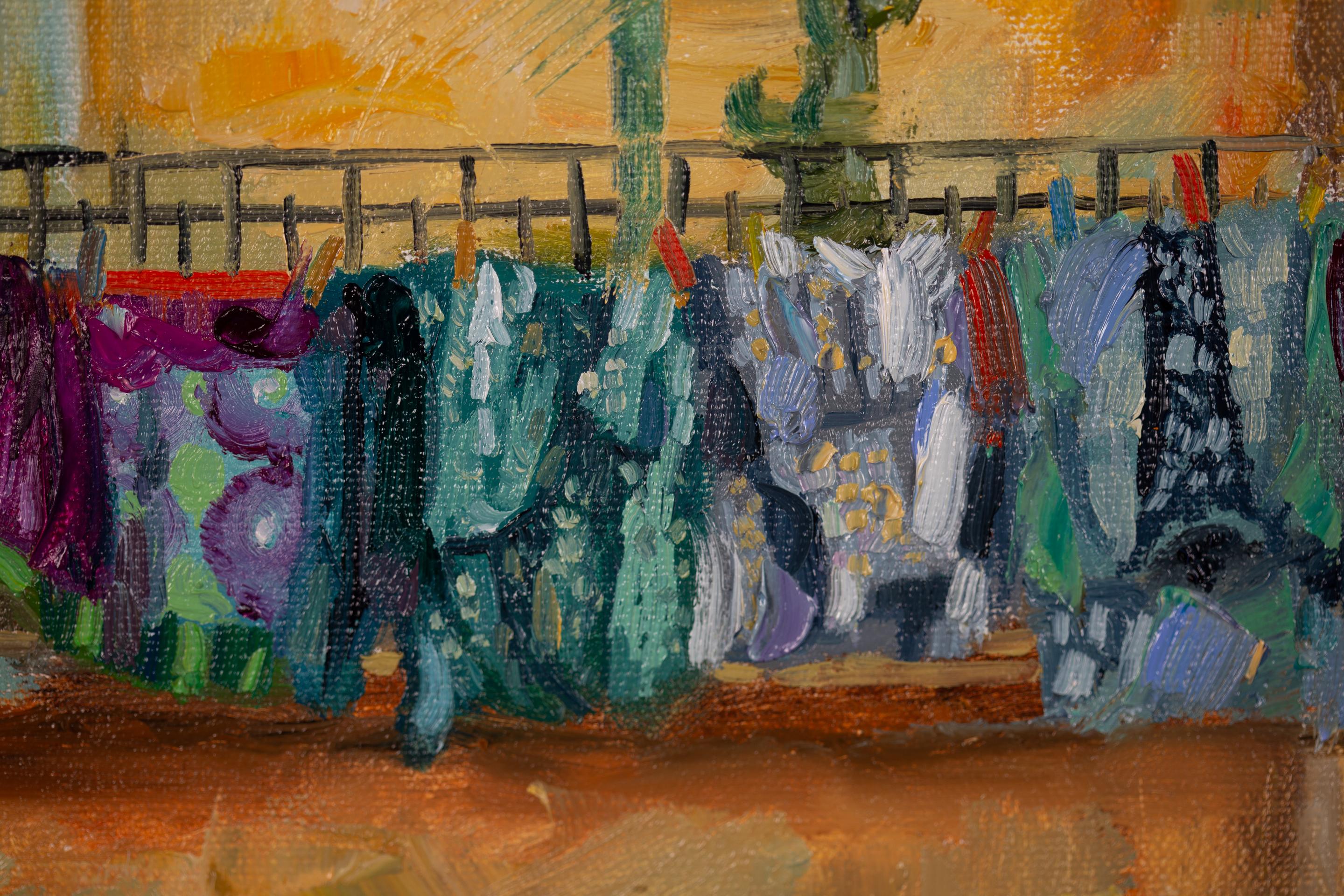 Balcon dans la vieille ville de Vintimille. Italie, jaune, bleu, balcon, mer, été en vente 13
