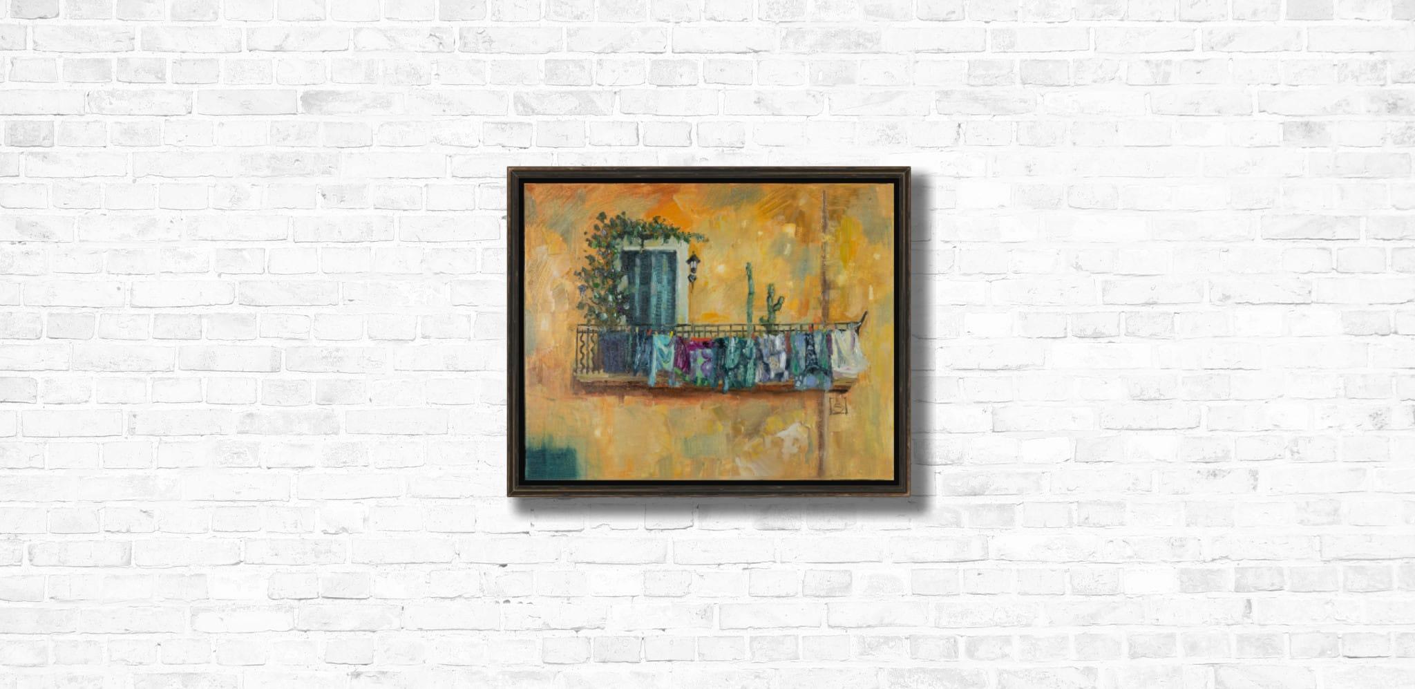 Balcon dans la vieille ville de Vintimille. Italie, jaune, bleu, balcon, mer, été - Painting de Anna Shesterikova