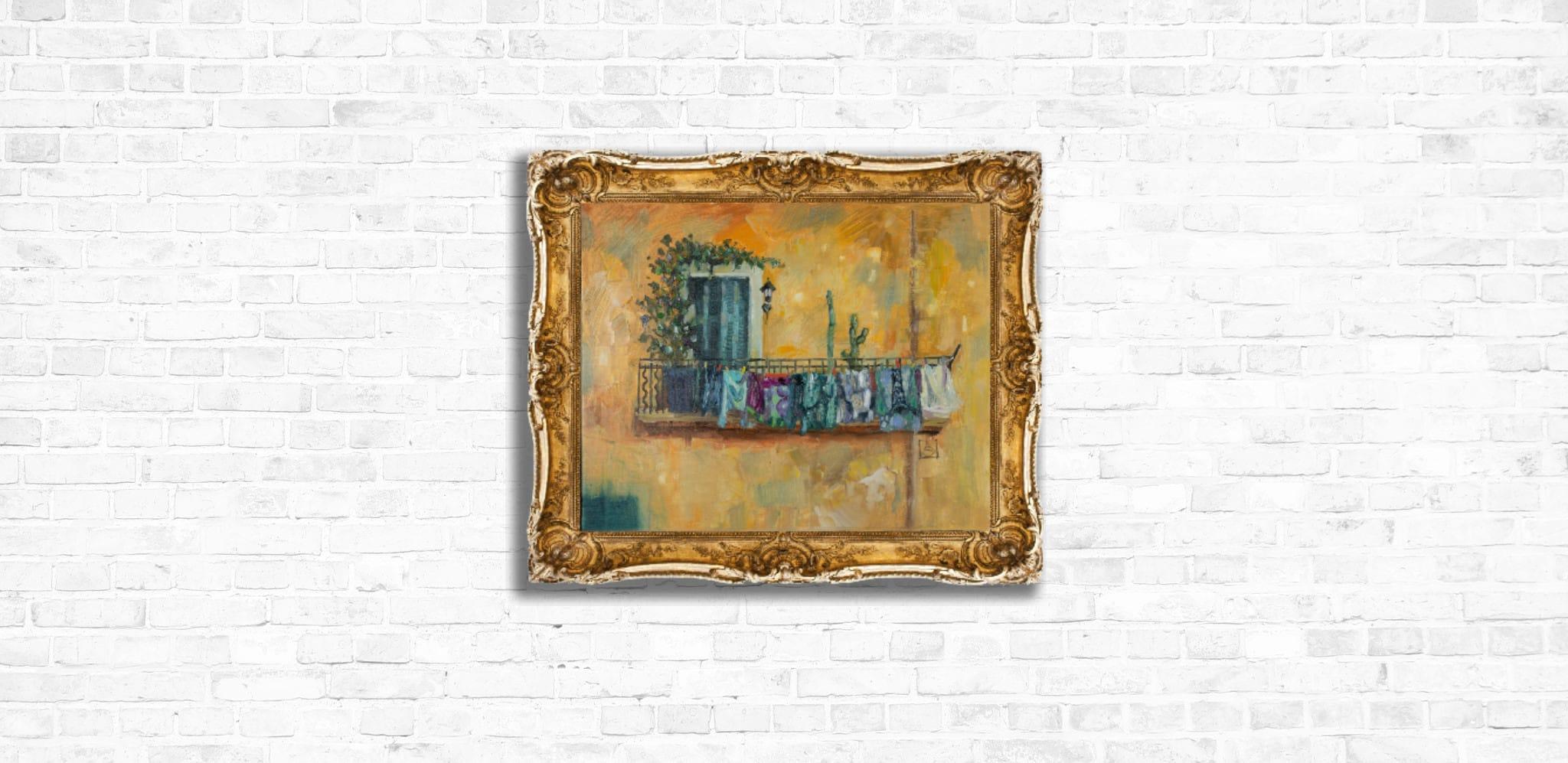 Balcon dans la vieille ville de Vintimille. Italie, jaune, bleu, balcon, mer, été - Marron Figurative Painting par Anna Shesterikova