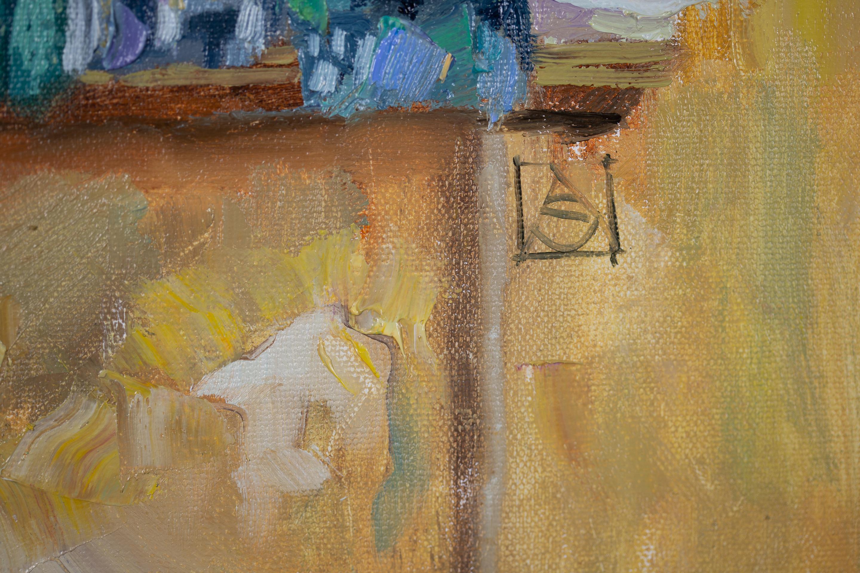 Balcon dans la vieille ville de Vintimille. Italie, jaune, bleu, balcon, mer, été en vente 3