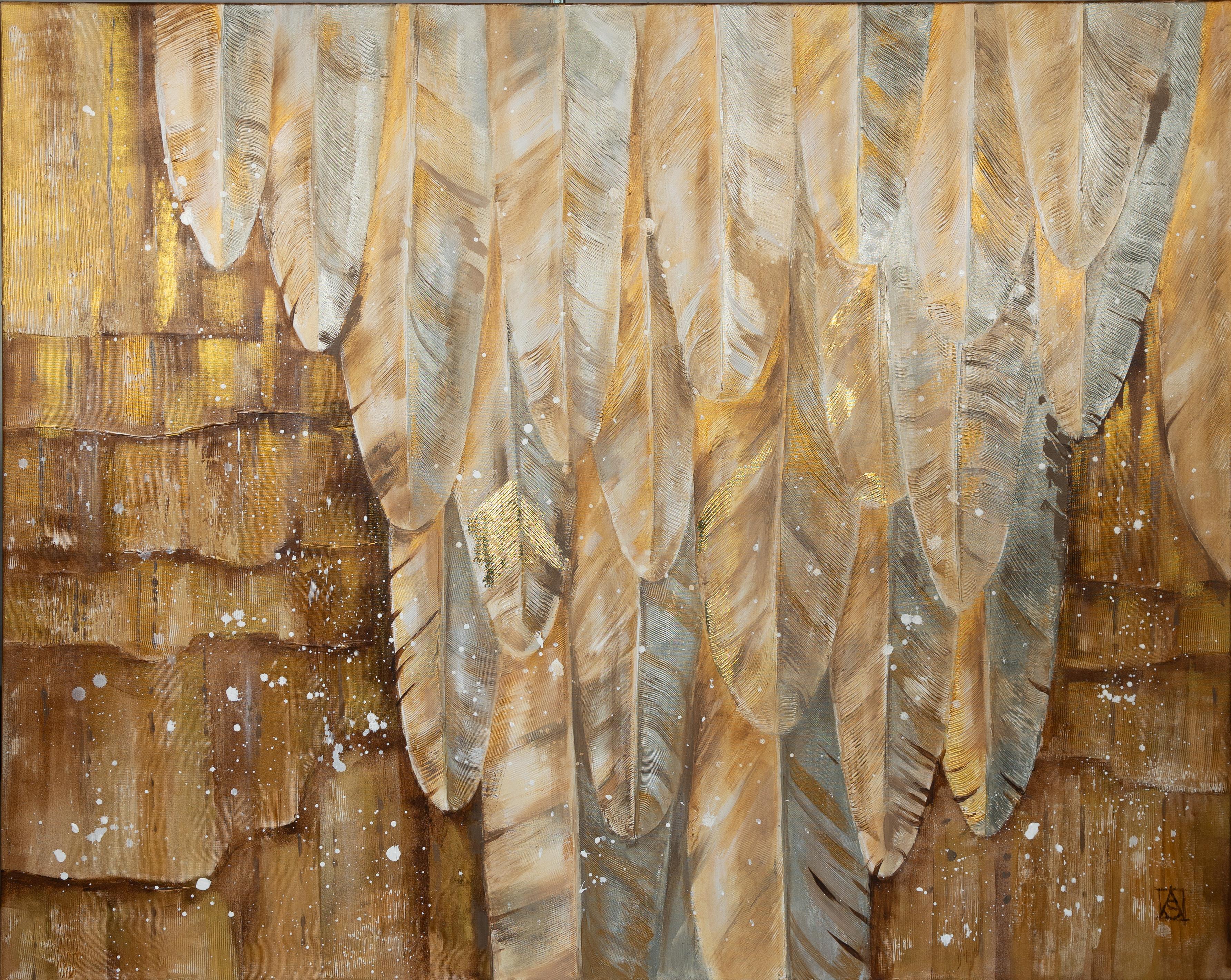 Abstract Painting di Anna Shesterikova - Uccello della prima neve. Semi-astratto, grande, orizzontale, per un interno moderno.