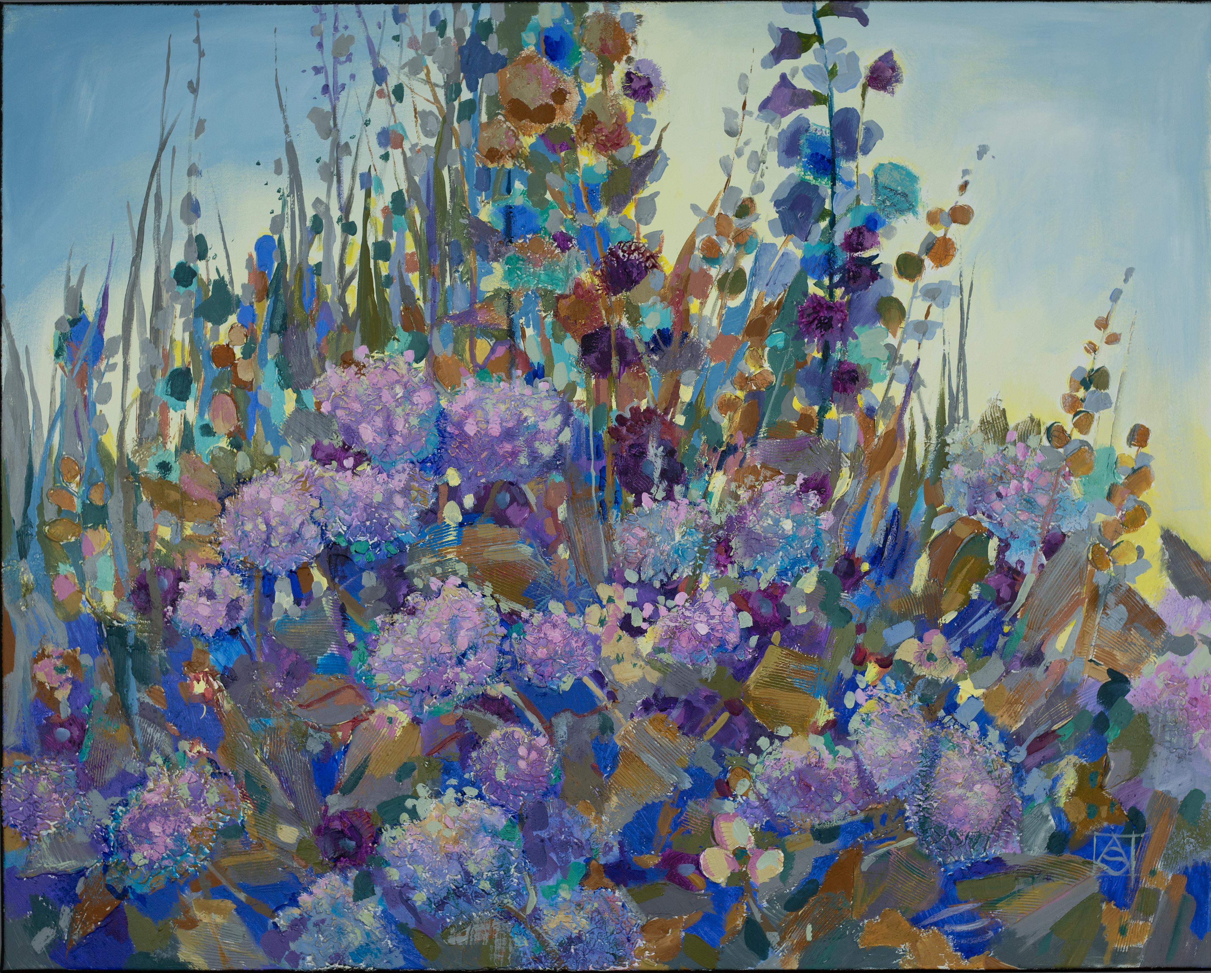 Blue Evening. Hydrangea, textured floral painting, blue, contemporary art