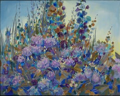 Blue Evening. Hydrangea, textured floral painting, blue, contemporary art
