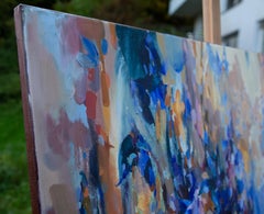 Blue Mood. Horizontal, Abstract, large, interior expressionist painting, flowers