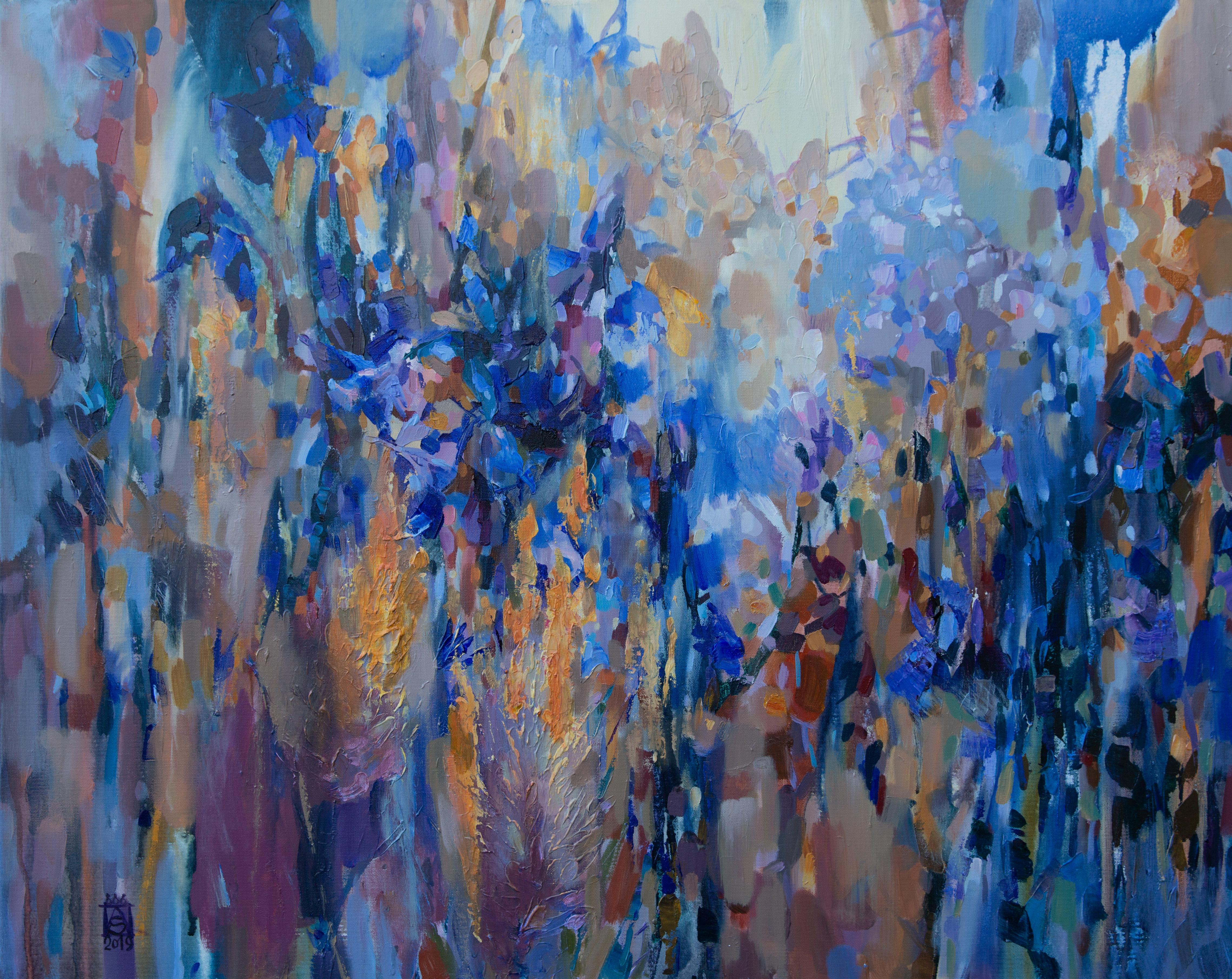 Blue Mood. Horizontal, Abstract, large, interior expressionist painting, flowers