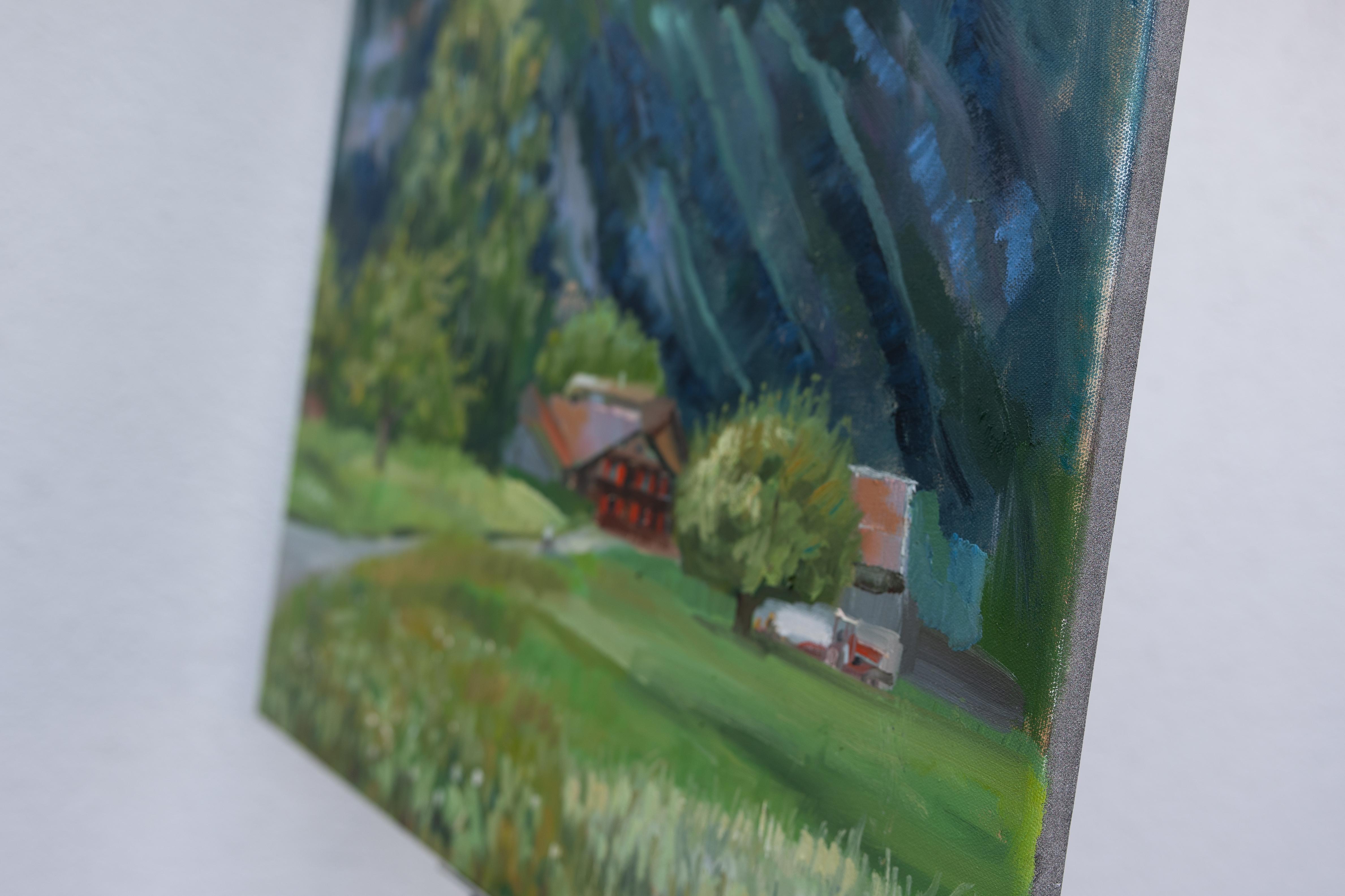 Blue Mountains. Horizontal, impressionism, landscape, Switzerland, , village - Painting by Anna Shesterikova