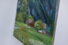 Blue Mountains. Horizontal, impressionism, landscape, Switzerland, village