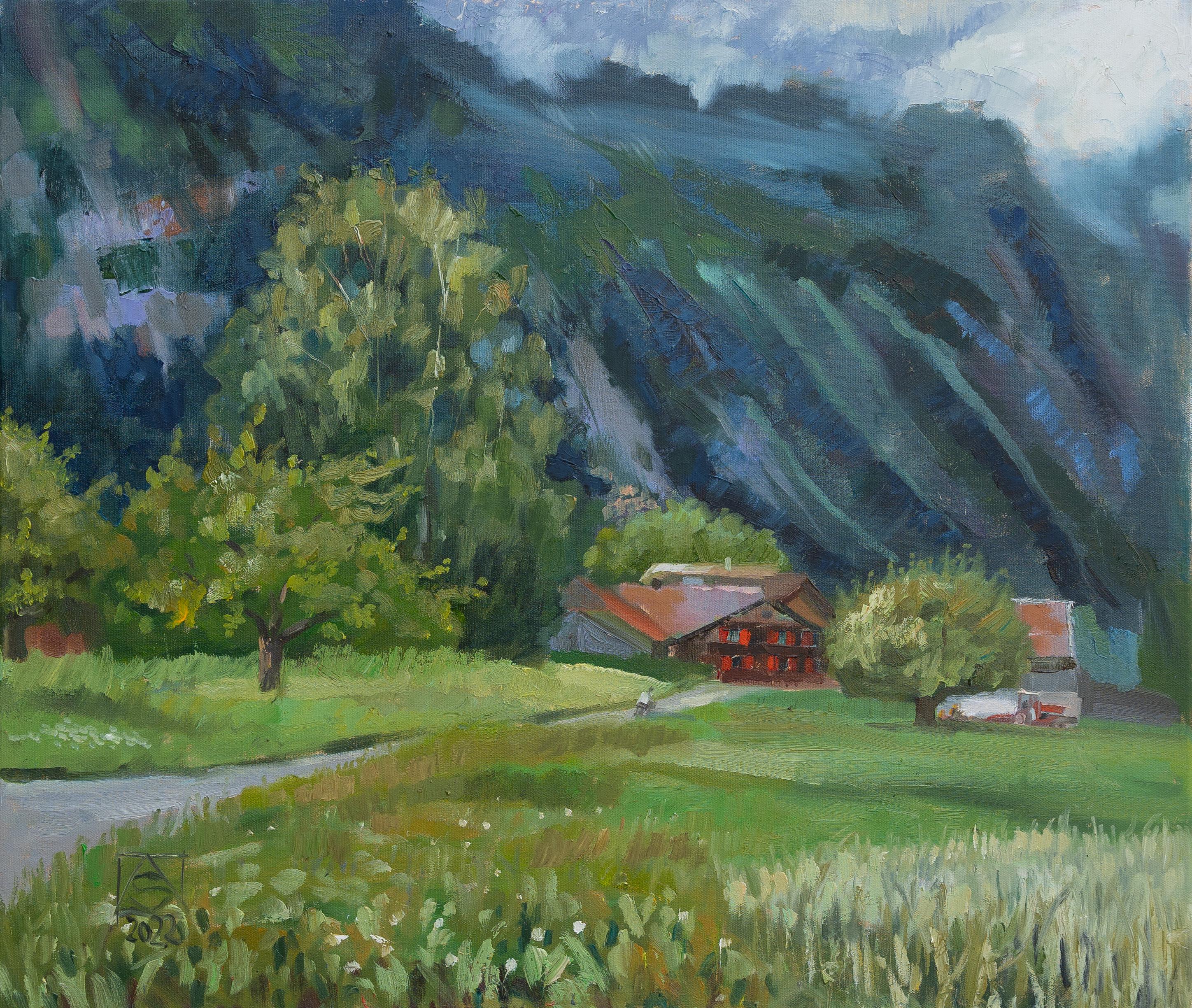 Anna Shesterikova Landscape Painting - Blue Mountains. Horizontal, impressionism, landscape, Switzerland, village