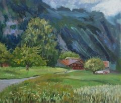 Blue Mountains. Horizontal, impressionism, landscape, Switzerland, village