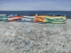 Boats On The Beach In Ventimiglia. Landscape Paintings. Sea, boats, Italy, small