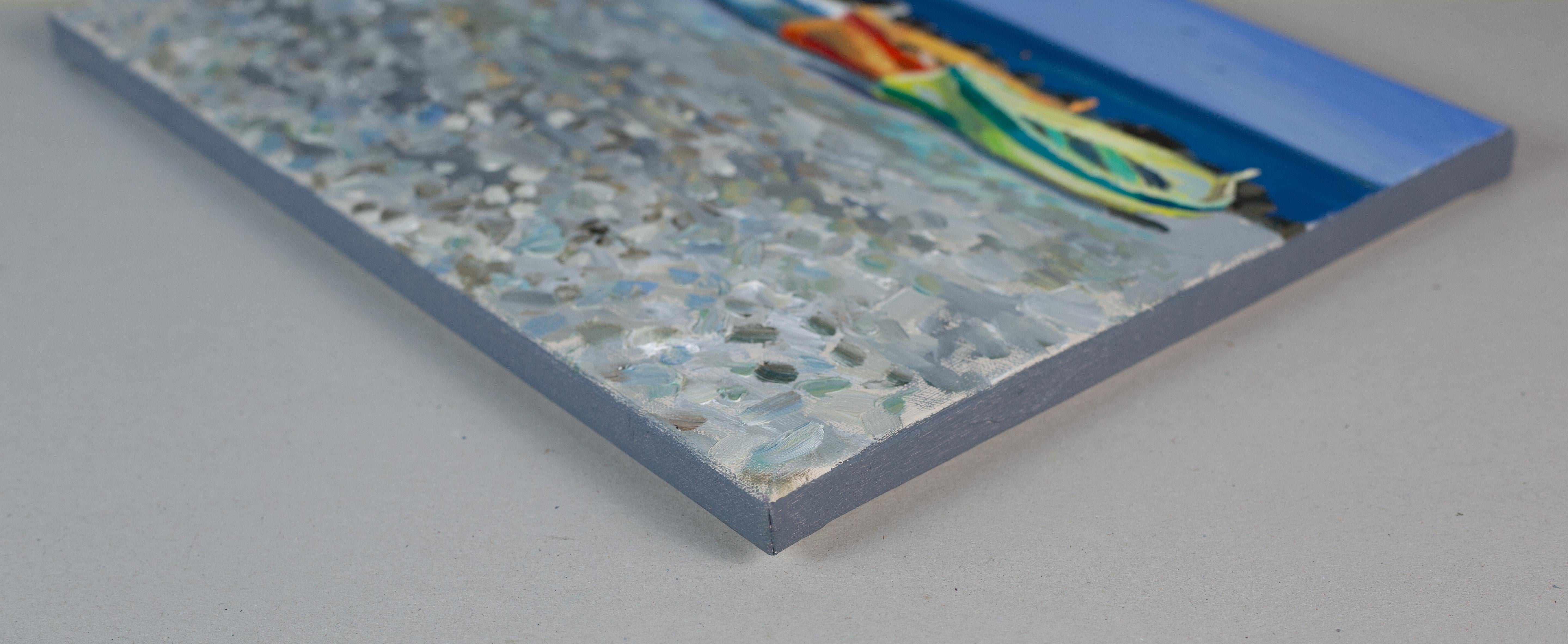 Boote am Strand von Ventimiglia. Meer, Boote, Sommer, Italien, Kleinformat – Painting von Anna Shesterikova