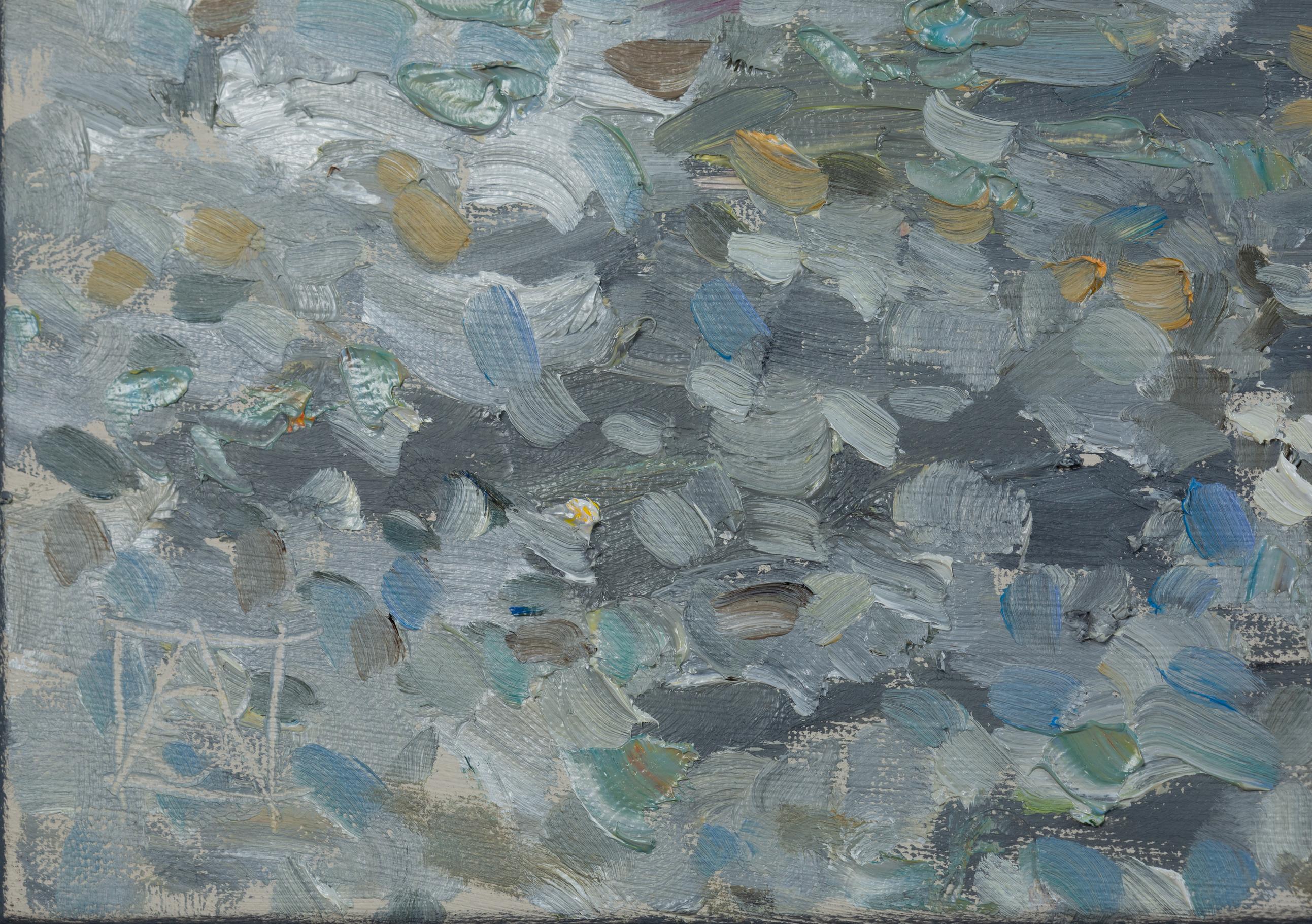 Boote am Strand von Ventimiglia. Meer, Boote, Sommer, Italien, Kleinformat (Grau), Landscape Painting, von Anna Shesterikova