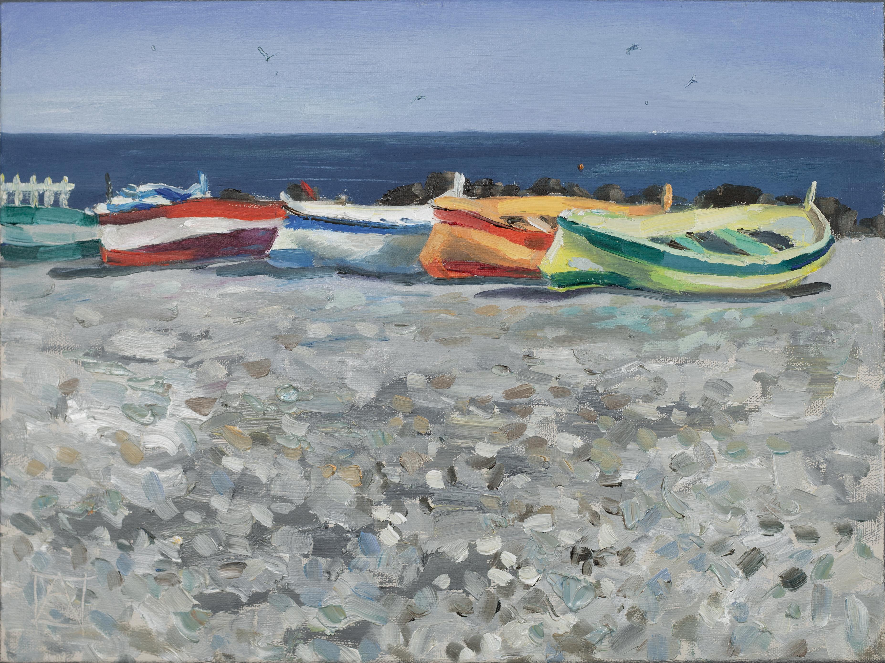Anna Shesterikova Landscape Painting – Boote am Strand von Ventimiglia. Meer, Boote, Sommer, Italien, Kleinformat