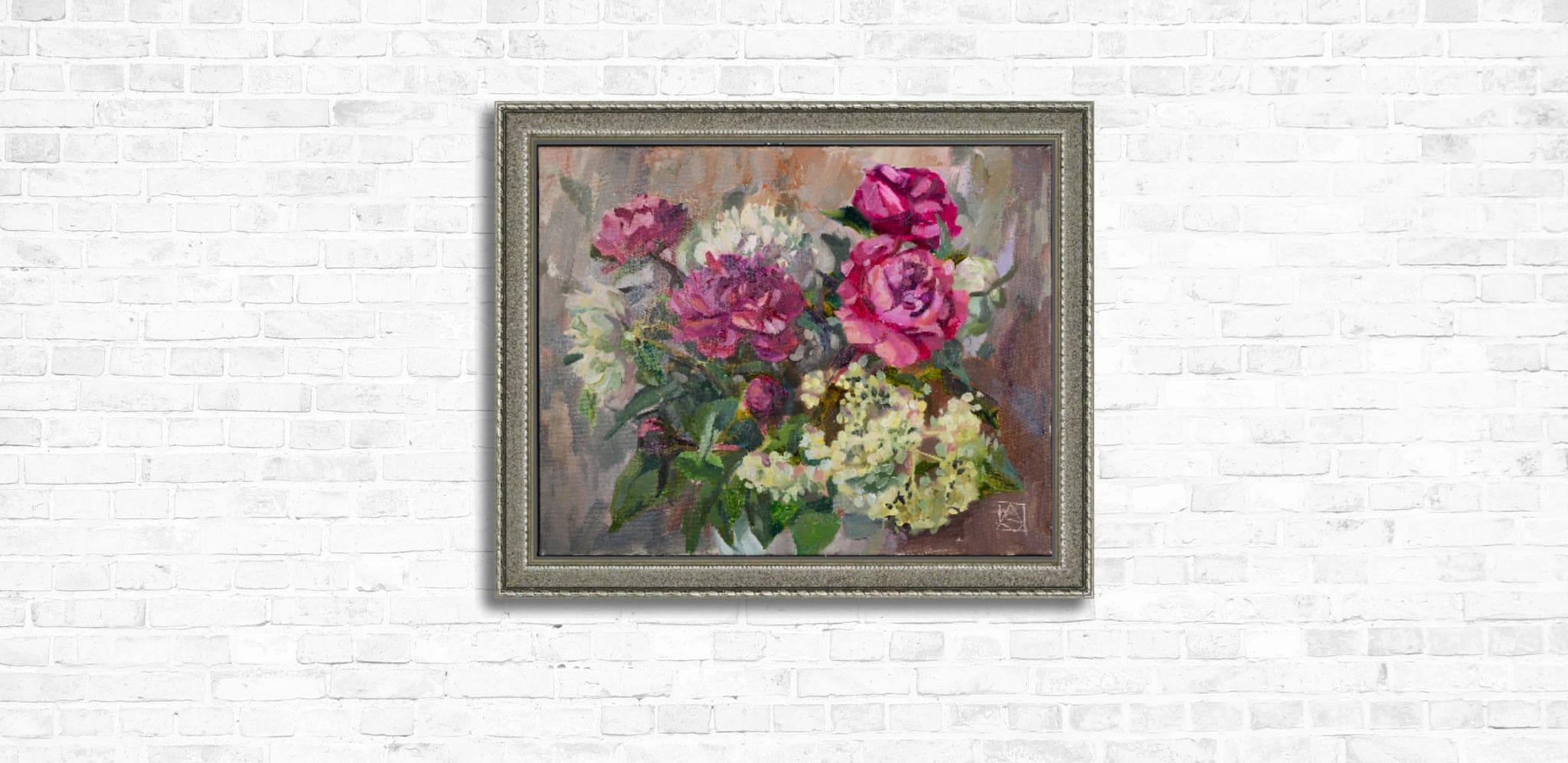 Blumenstrauß aus Pfingstrosen und Holunderbeeren (Post-Impressionismus), Painting, von Anna Shesterikova