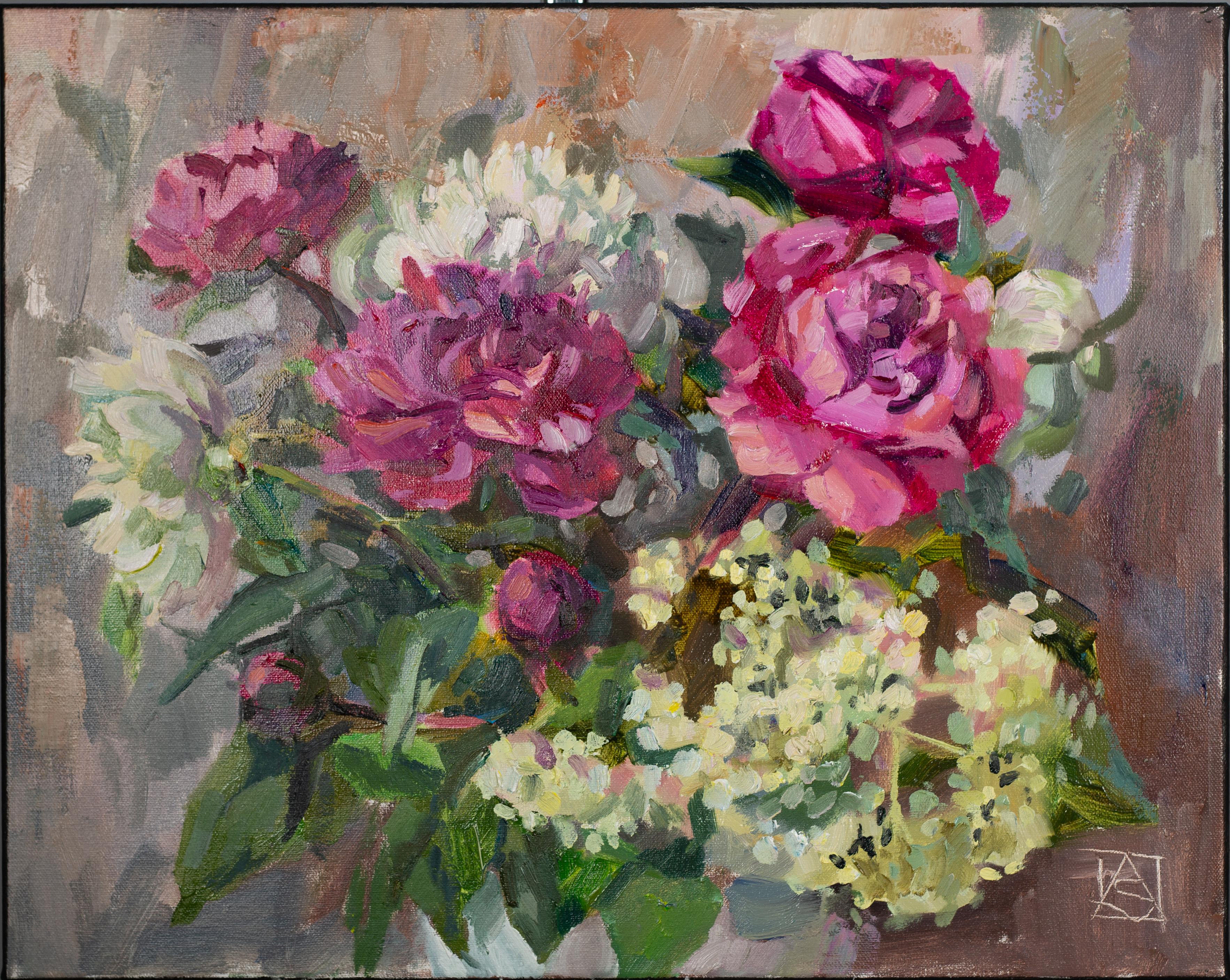 Anna Shesterikova Still-Life Painting - Bouquet of Peonies and Elderberries. Oil on Canvas, Impressionist, floral