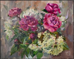 Bouquet of Peonies and Elderberries. Oil on Canvas, Impressionist, floral