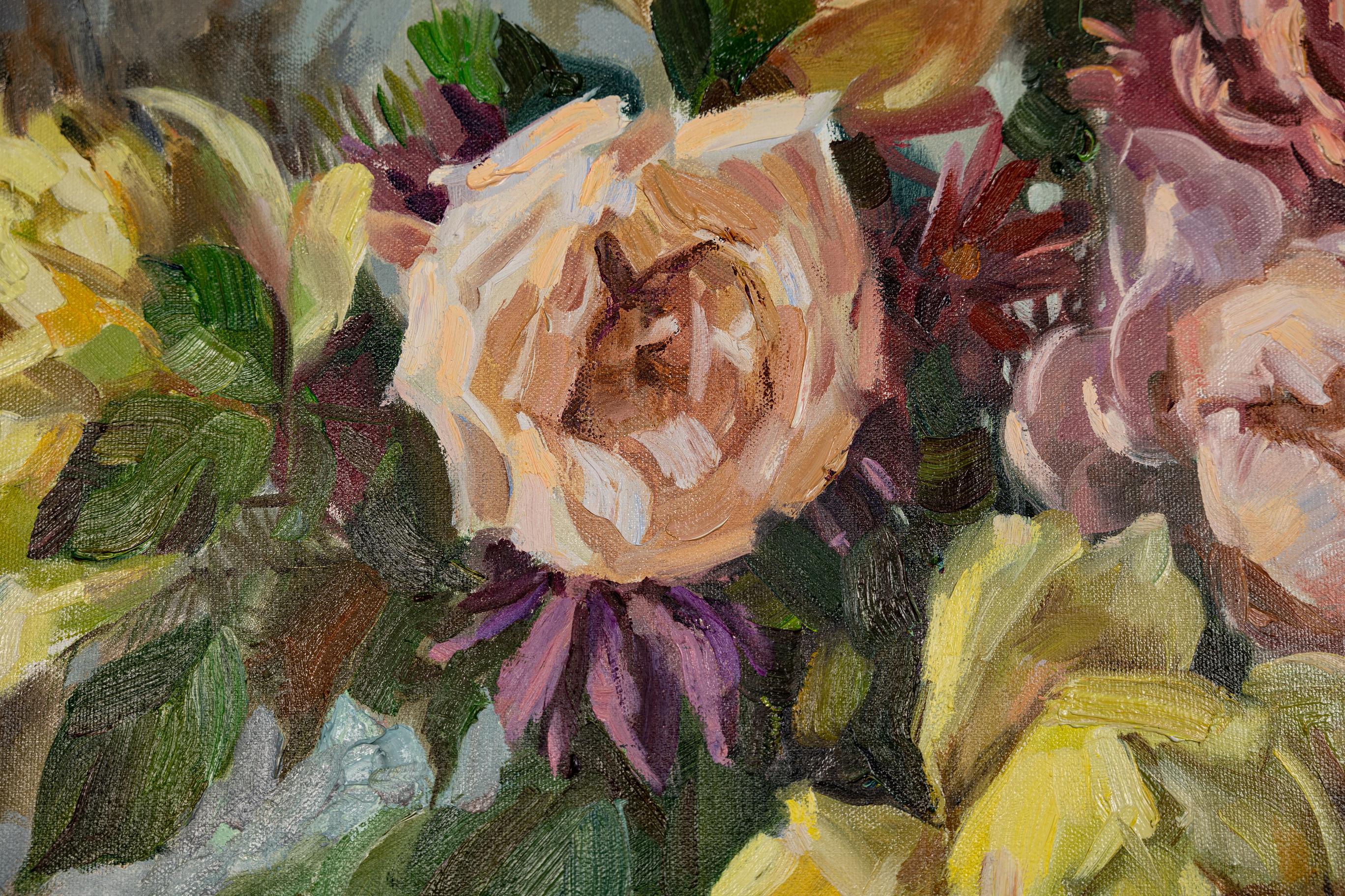 Bouquet. Jour de pluie. Impressionnisme, huile, fleurs, roses, nature morte. en vente 5