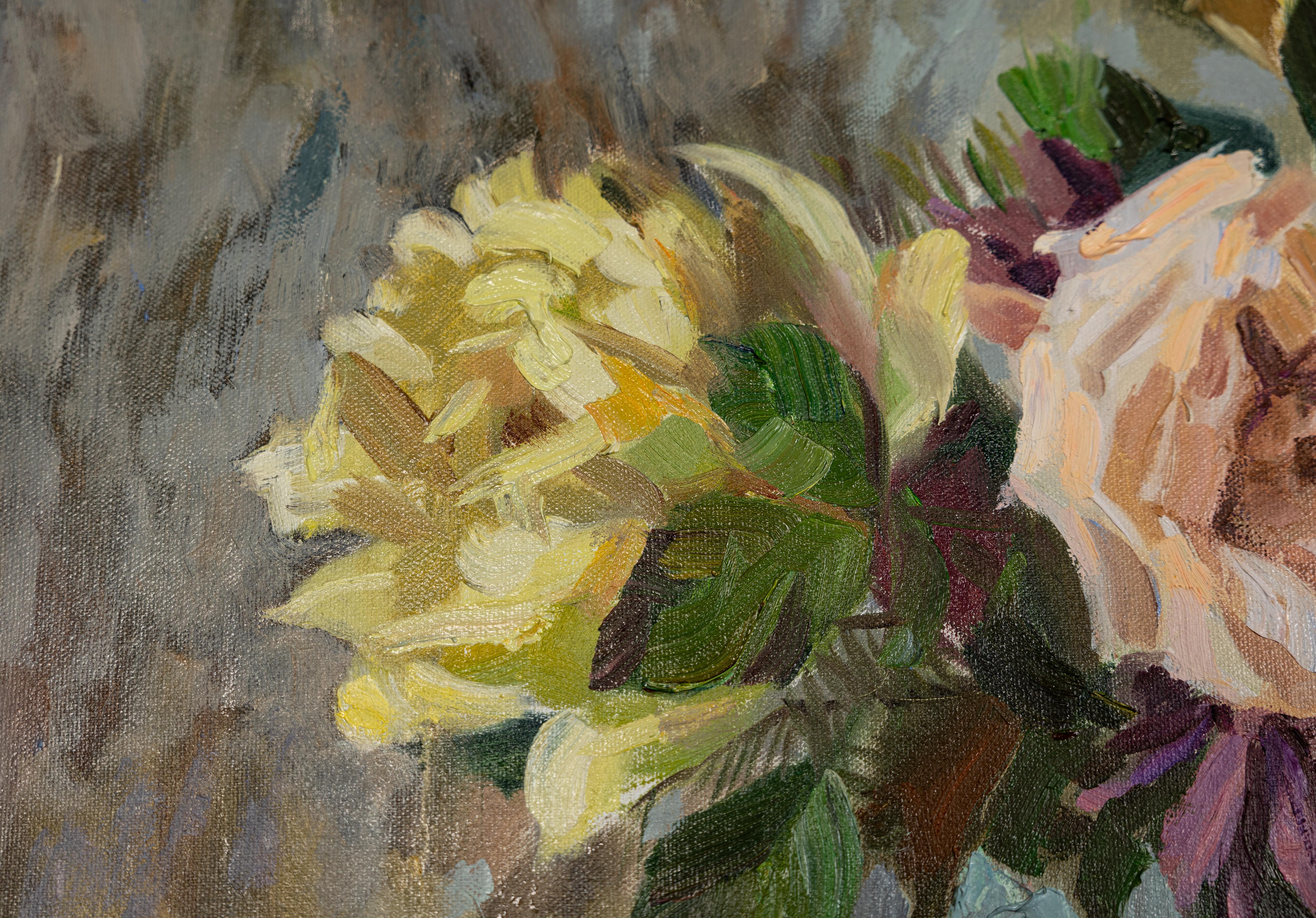 Bouquet. Jour de pluie. Impressionnisme, huile, fleurs, roses, nature morte. en vente 6