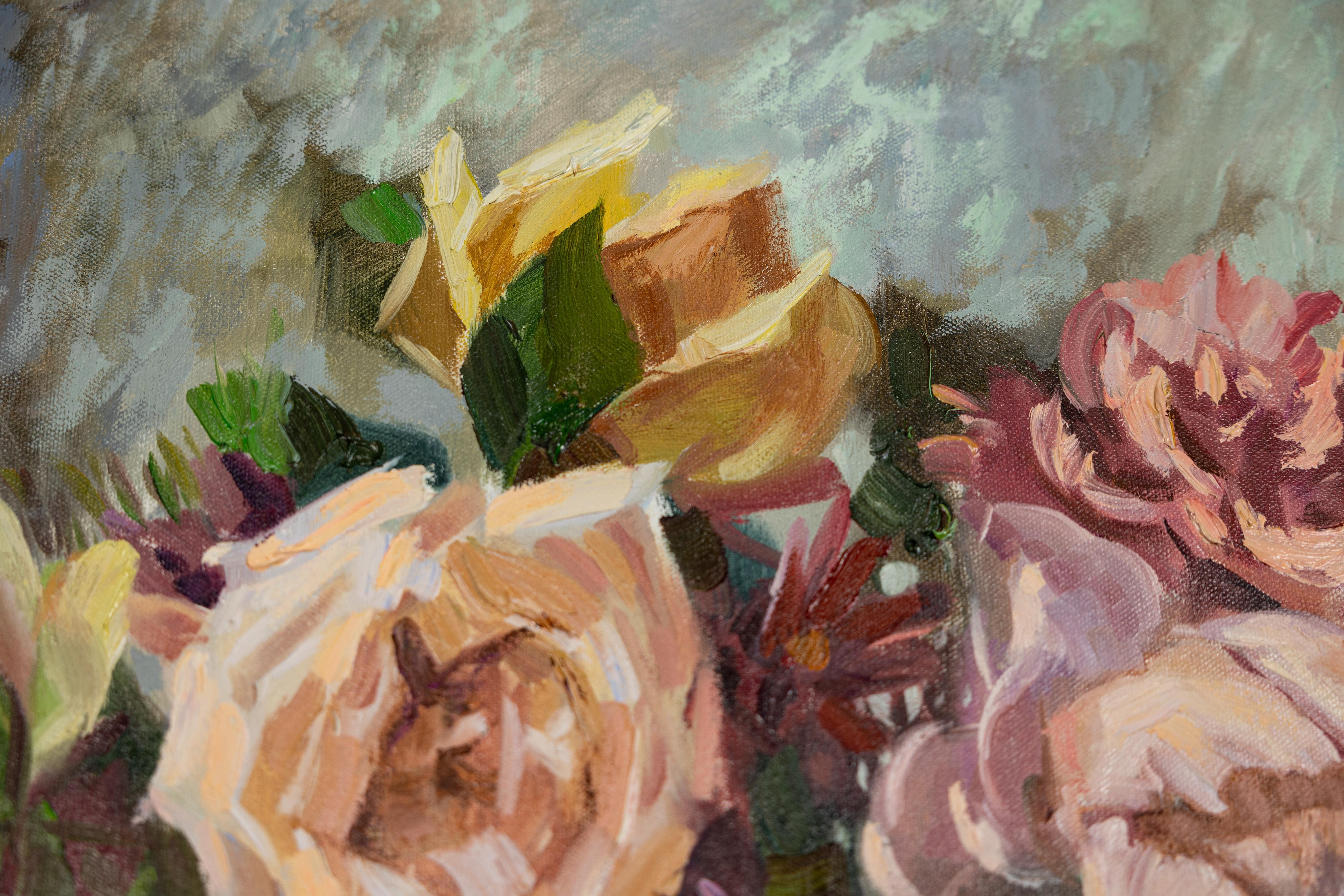 Bouquet. Jour de pluie. Impressionnisme, huile, fleurs, roses, nature morte. en vente 7