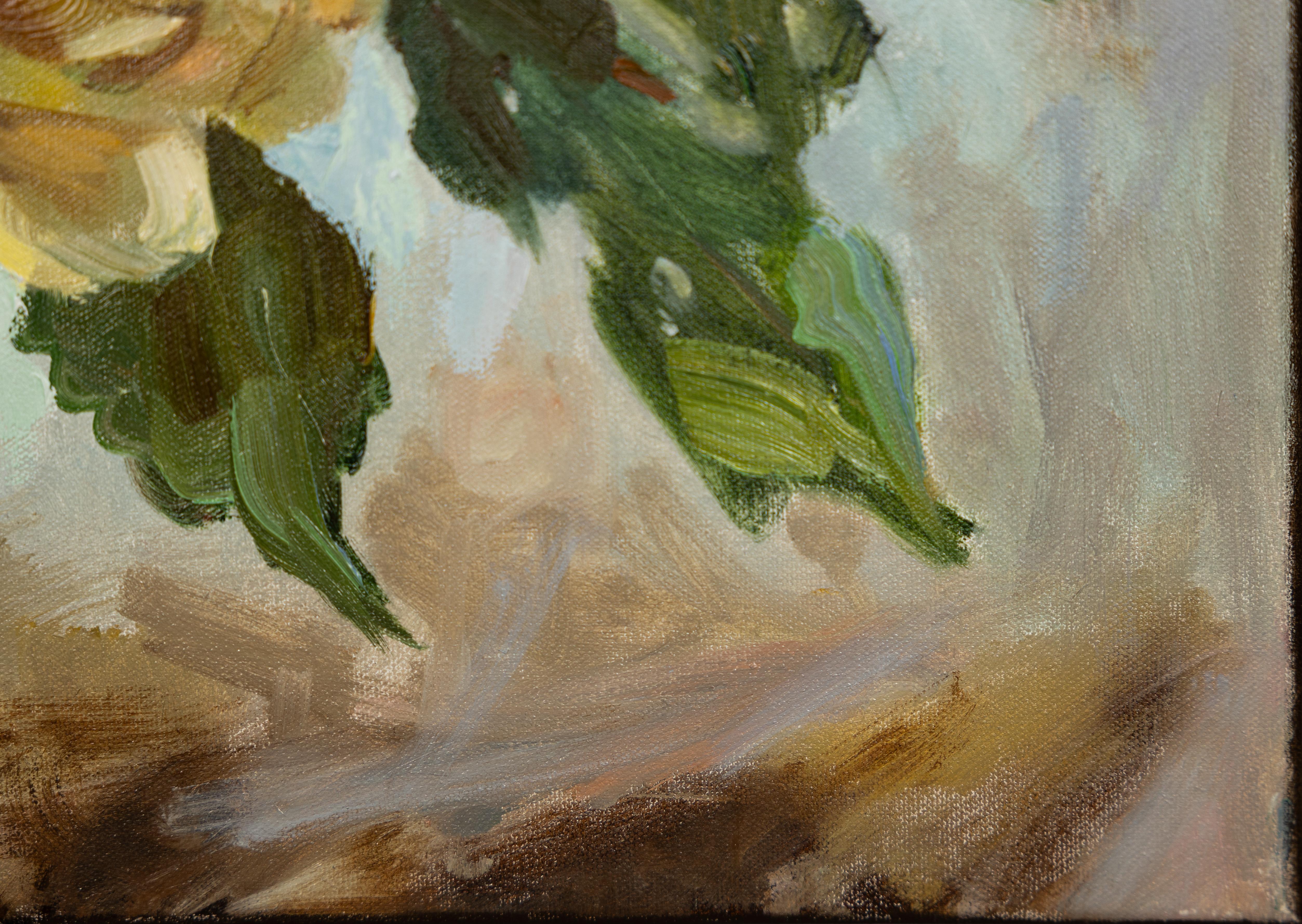 Bouquet. Jour de pluie. Impressionnisme, huile, fleurs, roses, nature morte. en vente 2