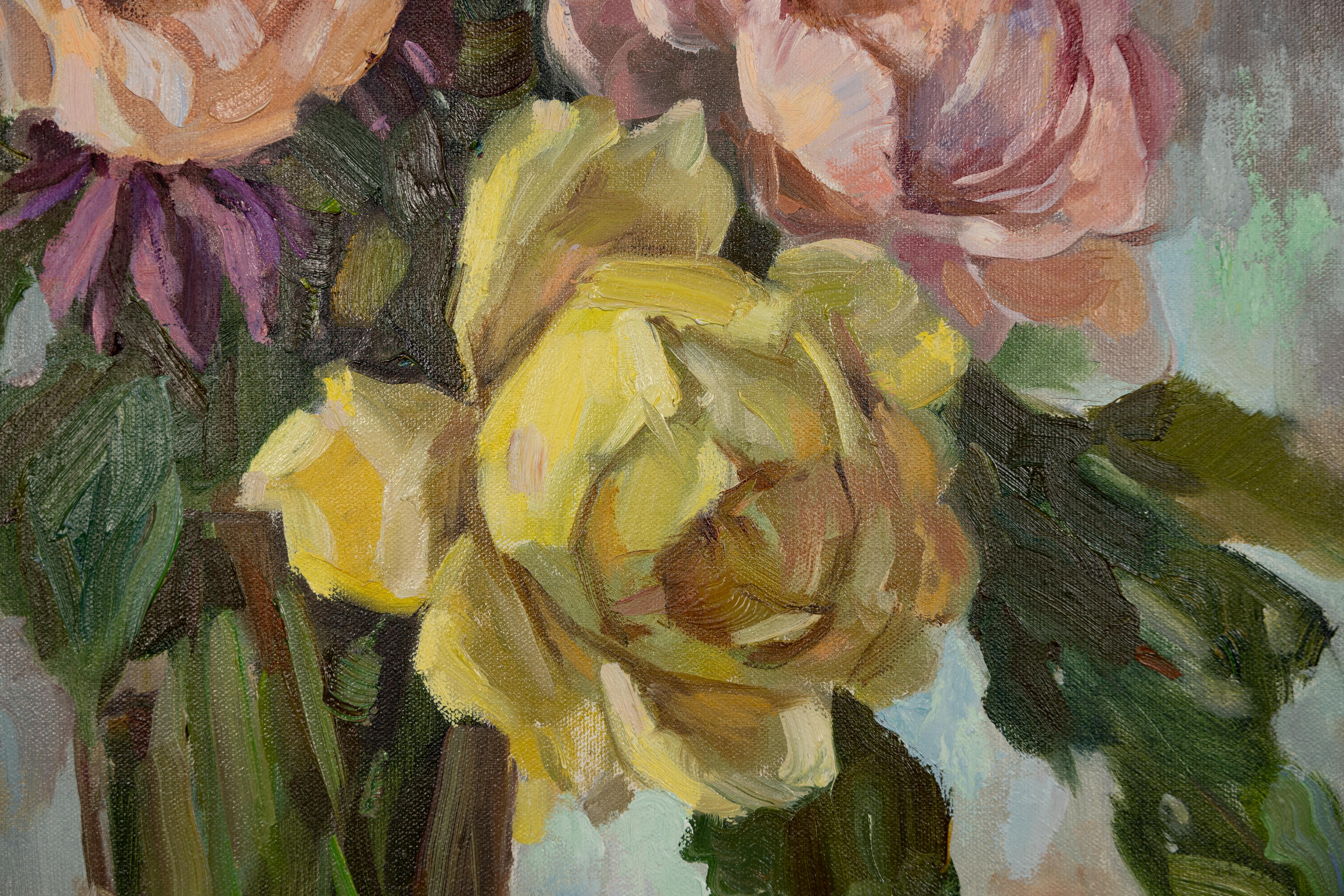 Bouquet. Jour de pluie. Impressionnisme, huile, fleurs, roses, nature morte. en vente 3