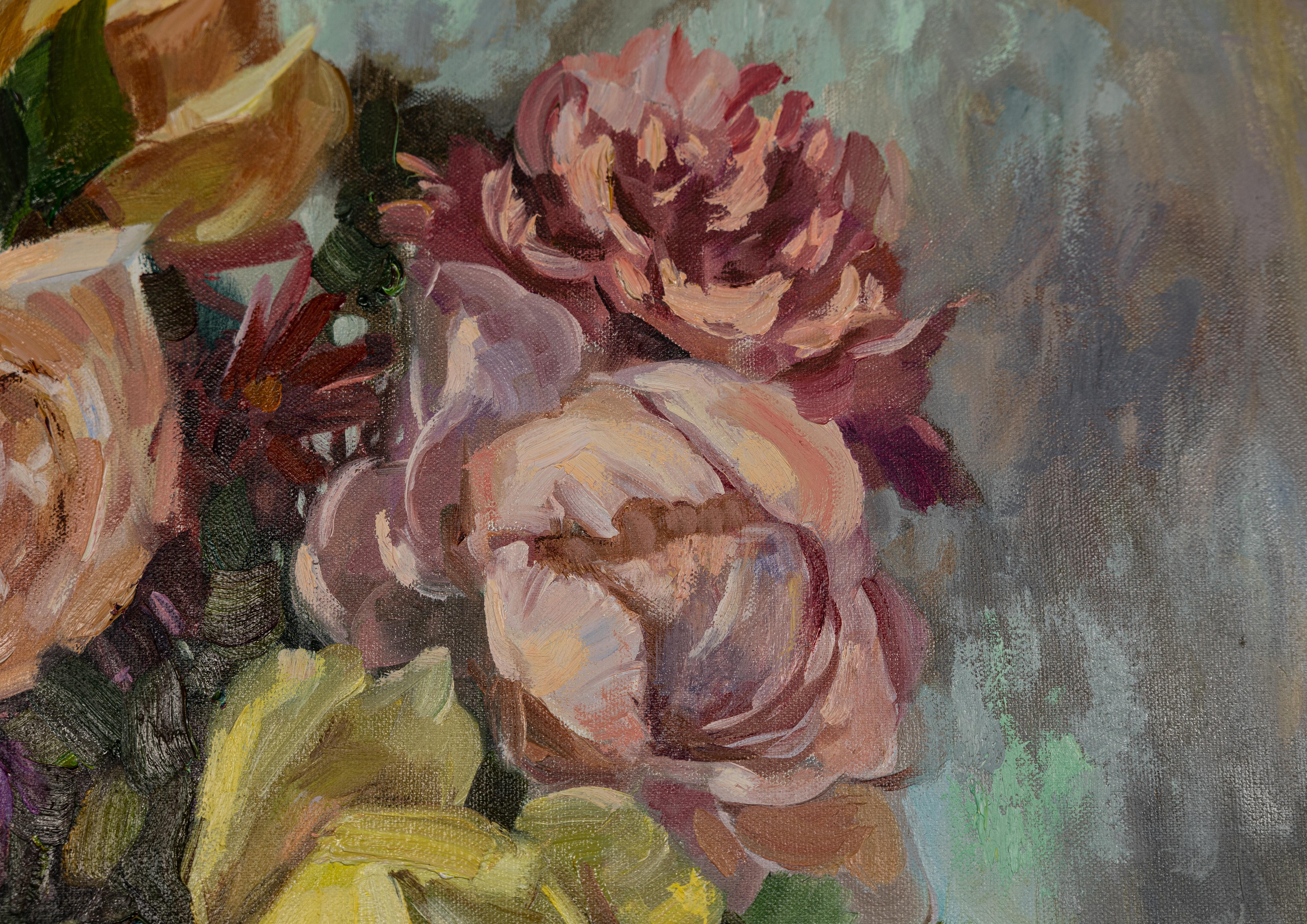 Bouquet. Jour de pluie. Impressionnisme, huile, fleurs, roses, nature morte. en vente 4