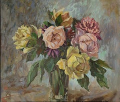 Bouquet. Rainy Day. Impressionism, oil, flowers, roses, still life.