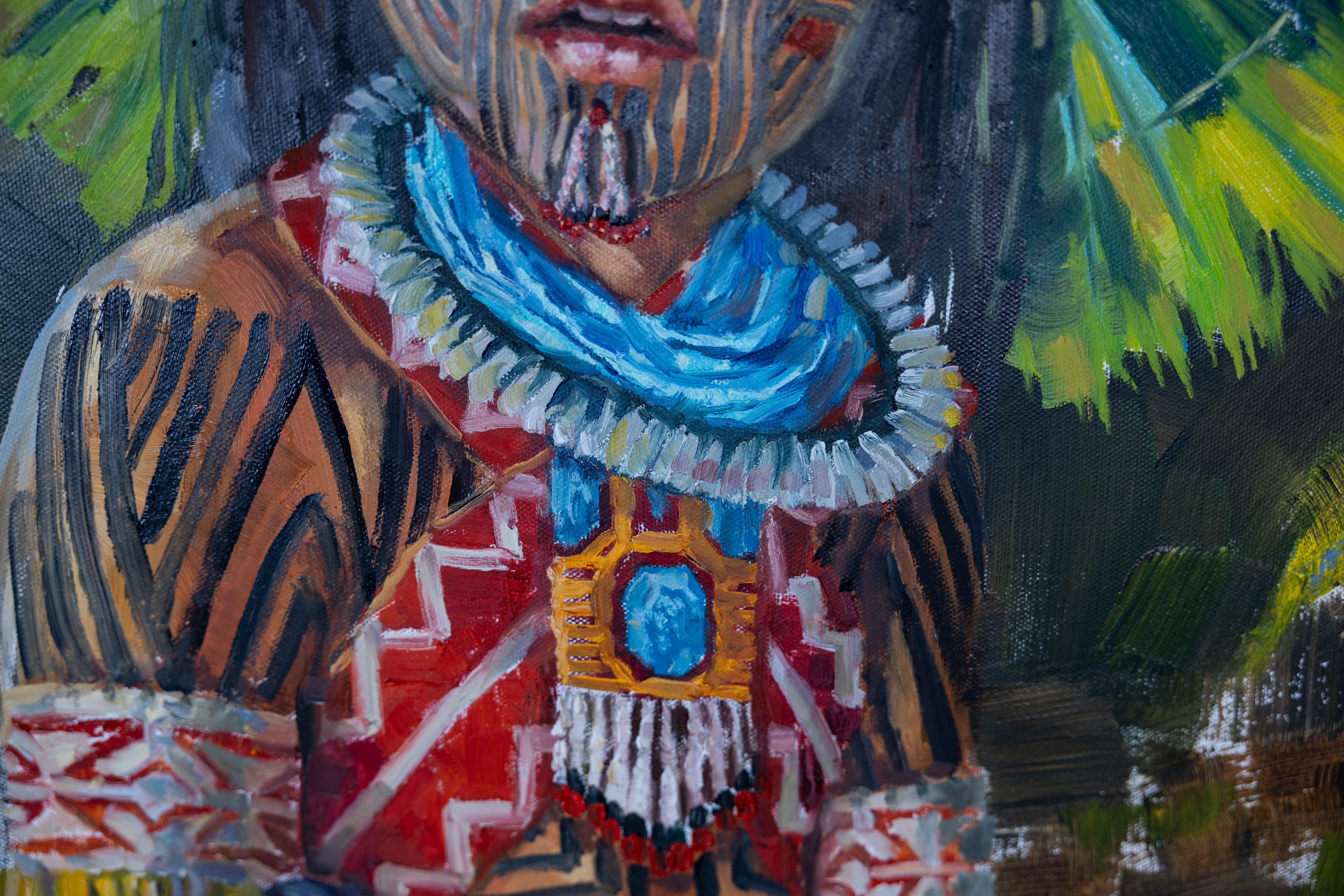 Ragazzo con uccello. Kayapo. Bambino indiano, abiti nazionali, pittura a olio. in vendita 6