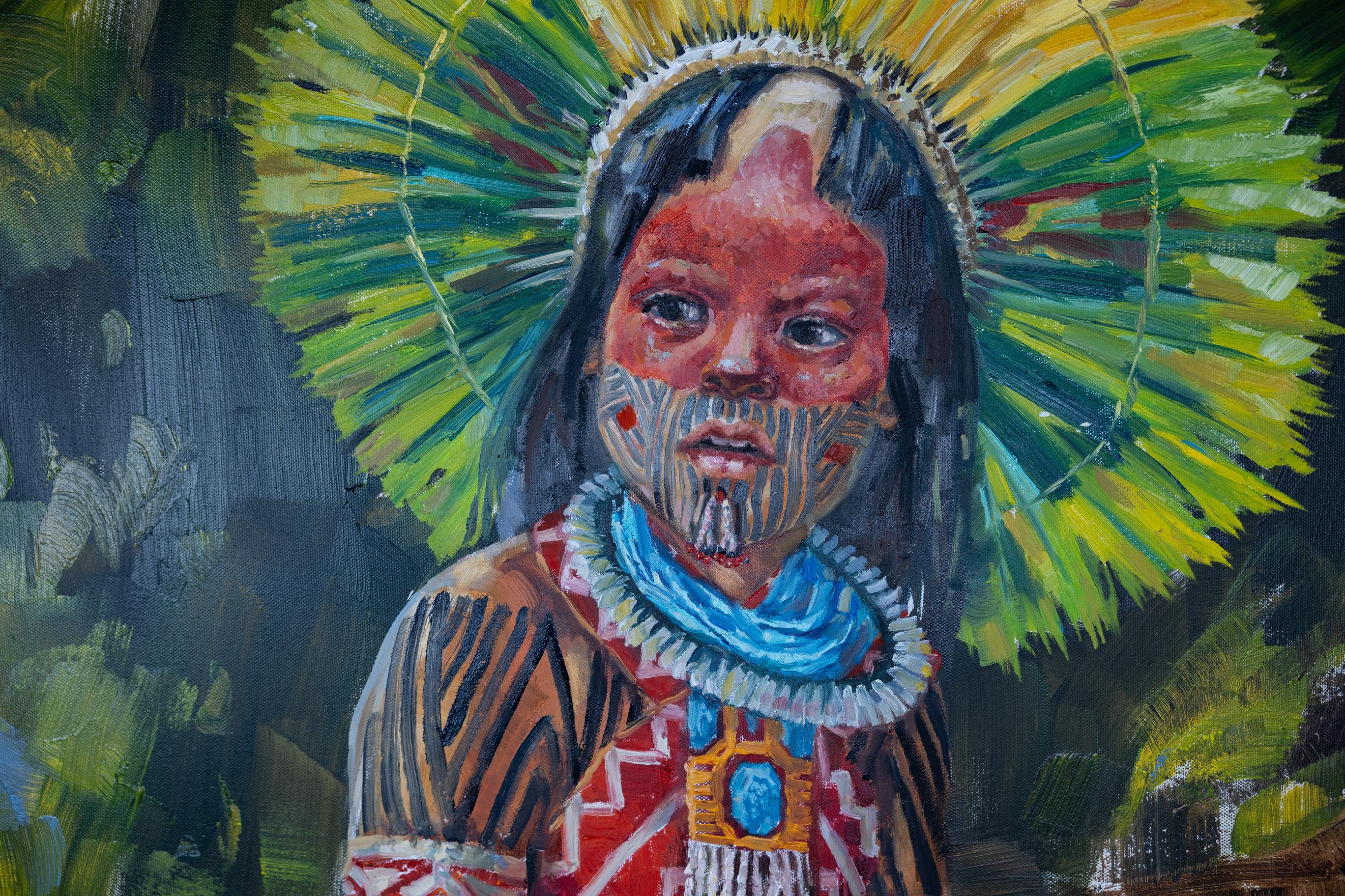 Ragazzo con uccello. Kayapo. Bambino indiano, abiti nazionali, pittura a olio. in vendita 7