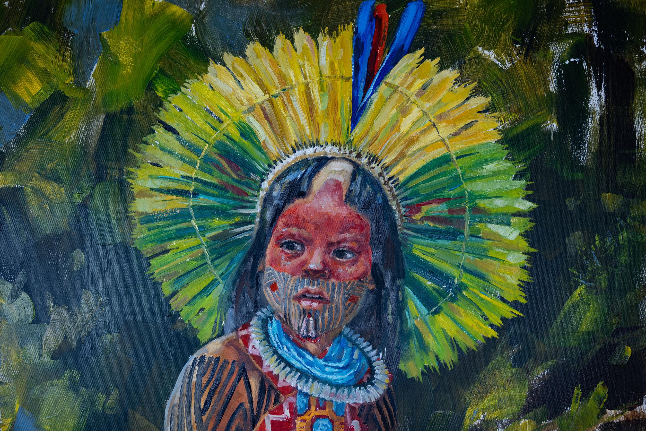Ragazzo con uccello. Kayapo. Bambino indiano, abiti nazionali, pittura a olio. in vendita 8