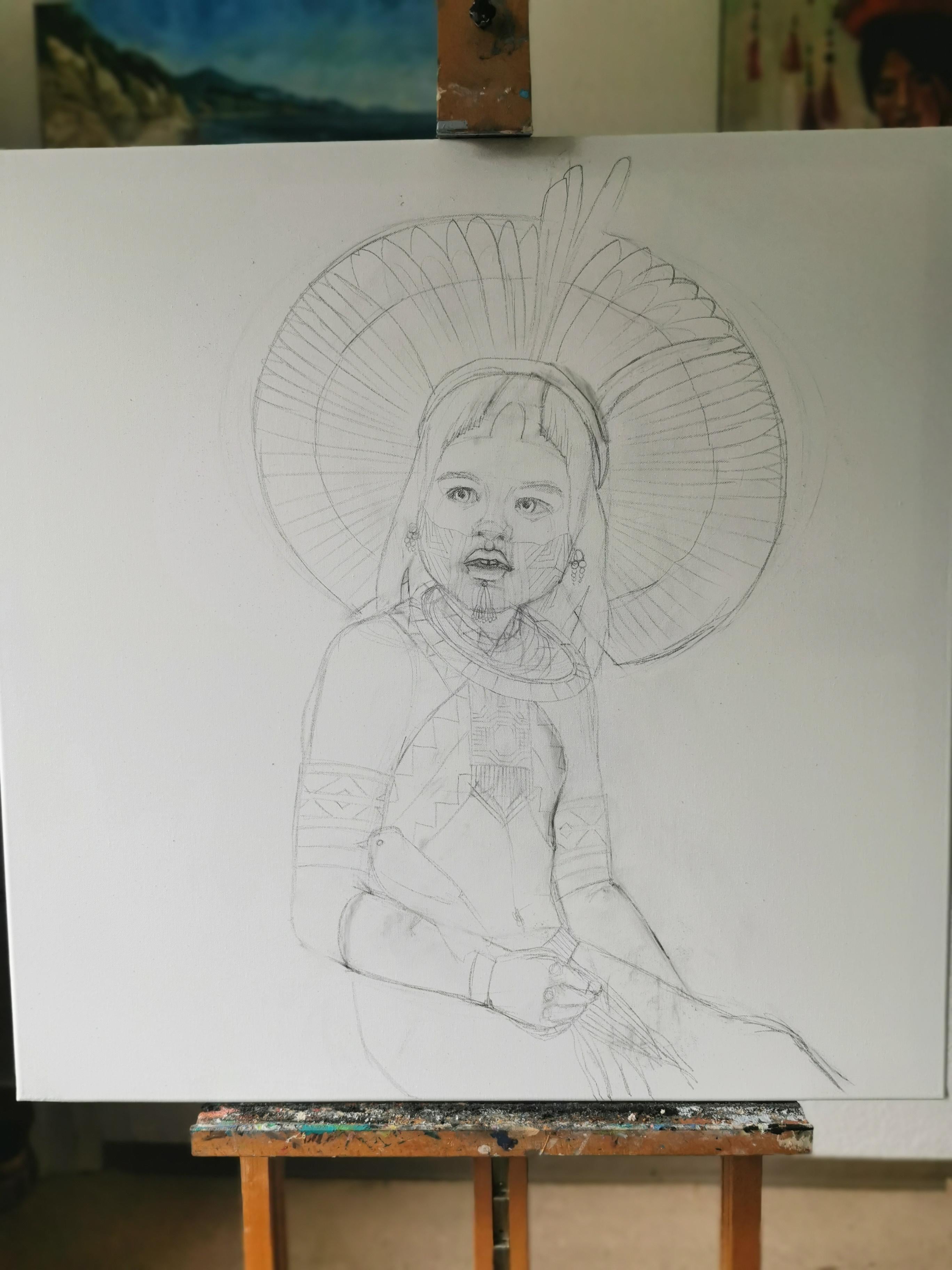 Ragazzo con uccello. Kayapo. Bambino indiano, abiti nazionali, pittura a olio. in vendita 9