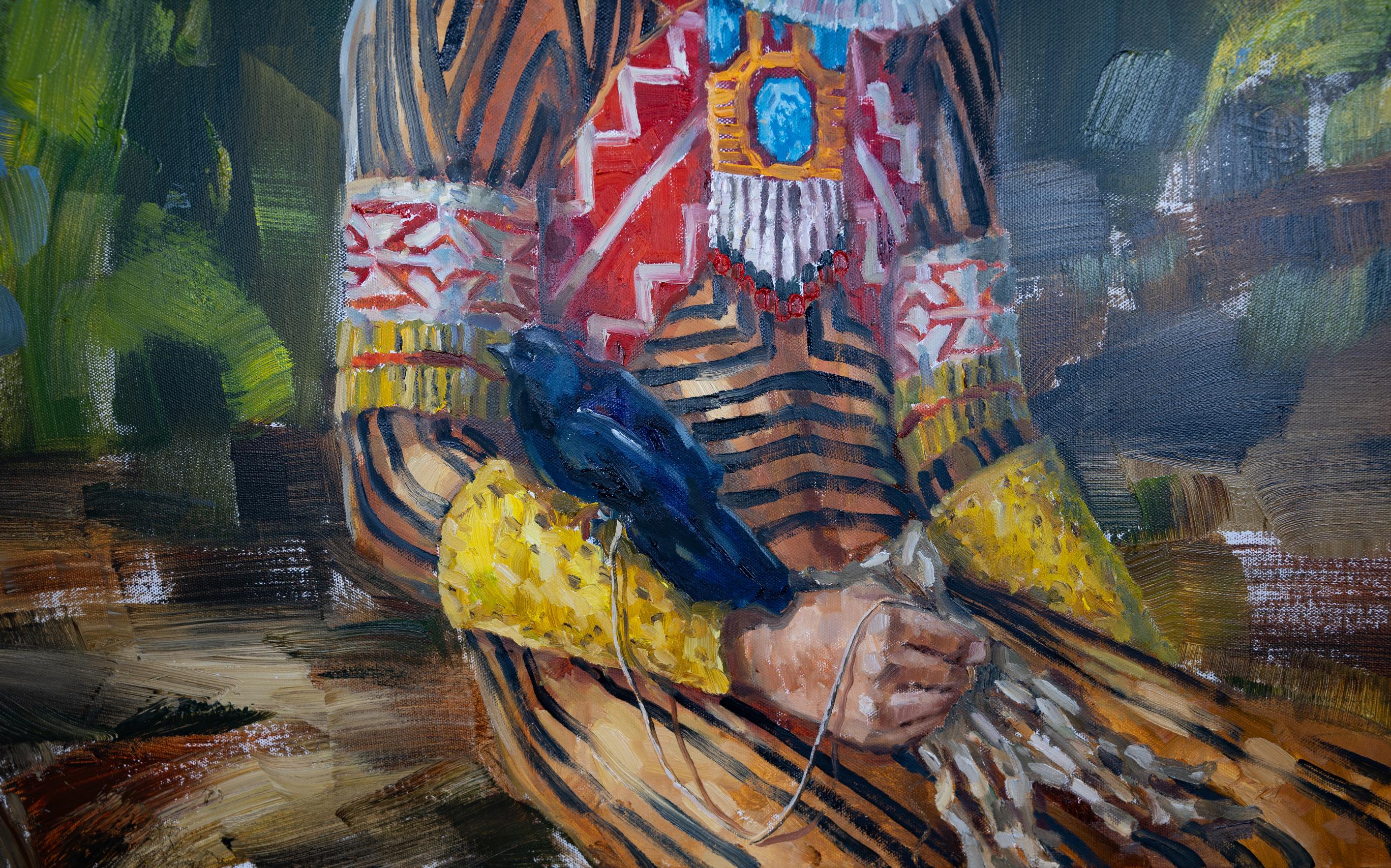 Ragazzo con uccello. Kayapo. Bambino indiano, abiti nazionali, pittura a olio. in vendita 1