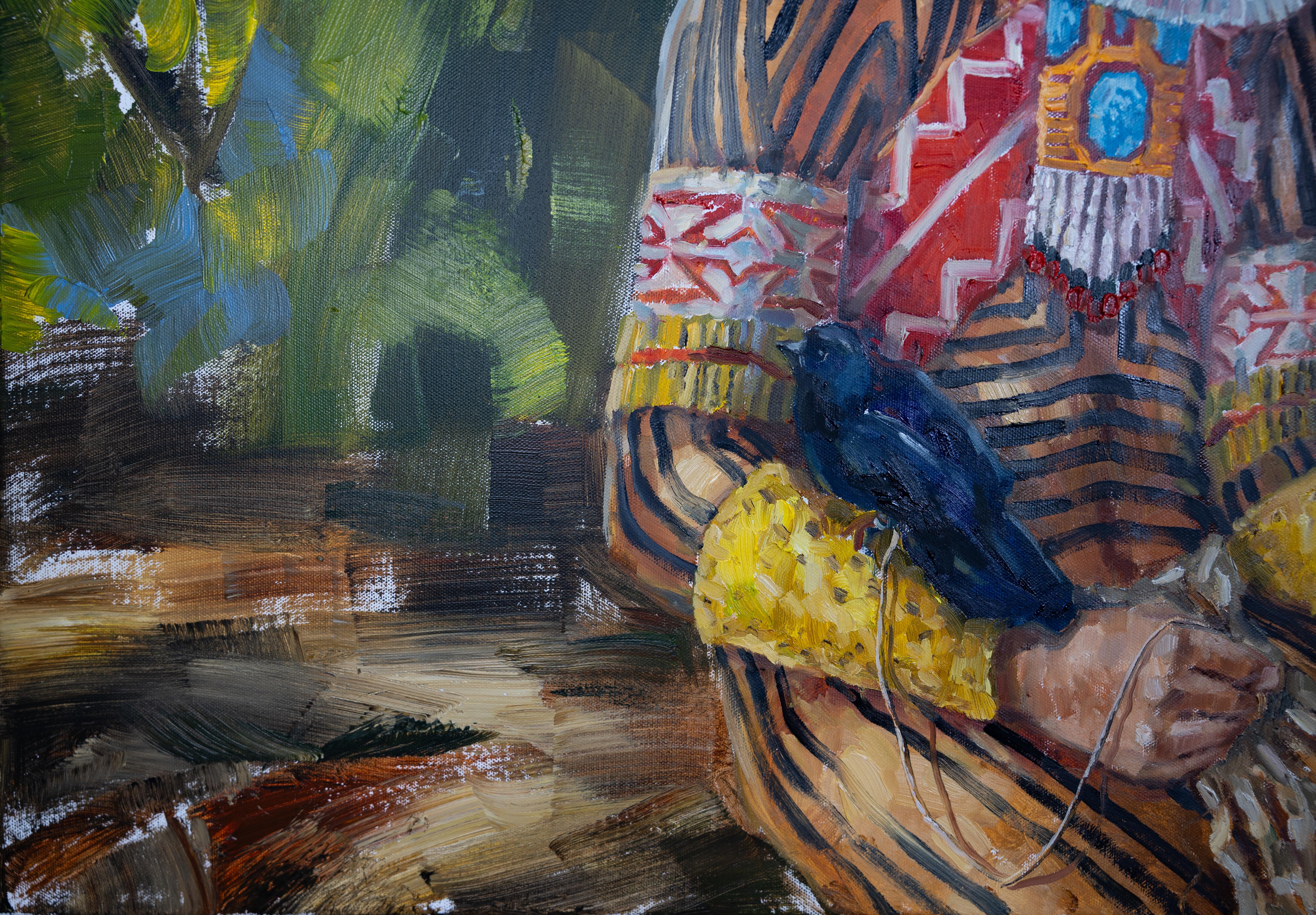 Ragazzo con uccello. Kayapo. Bambino indiano, abiti nazionali, pittura a olio. in vendita 2