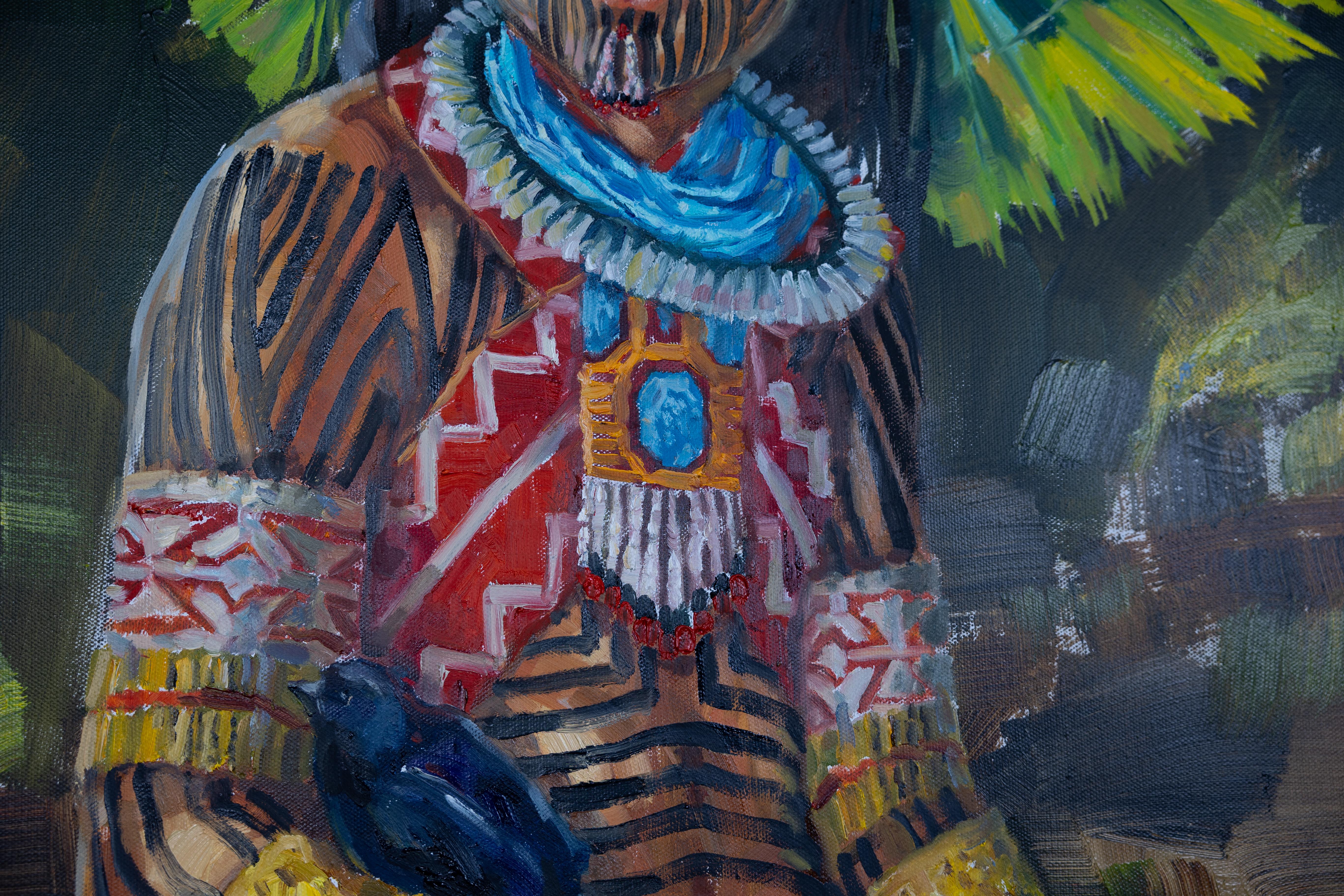 Ragazzo con uccello. Kayapo. Bambino indiano, abiti nazionali, pittura a olio. in vendita 3