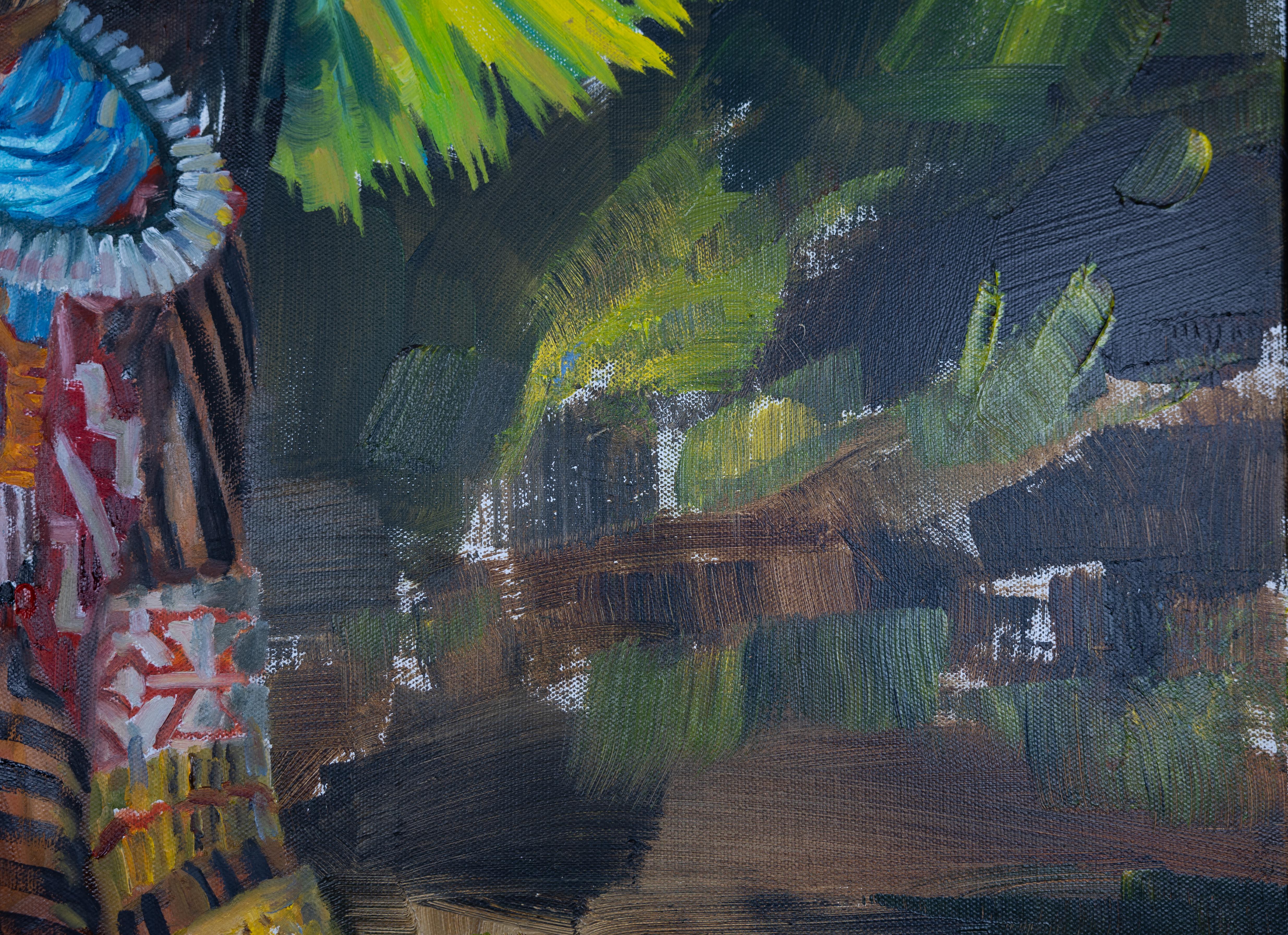 Ragazzo con uccello. Kayapo. Bambino indiano, abiti nazionali, pittura a olio. in vendita 4