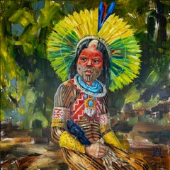 Niño con pájaro. Kayapo. Niño indio, ropa nacional, pintura al óleo.
