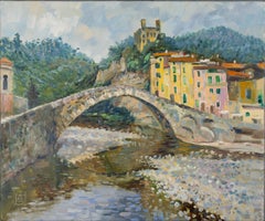 Bridge in Dolceaqua. Mountains, bridge, river, Italy, city, castle, Claude Monet