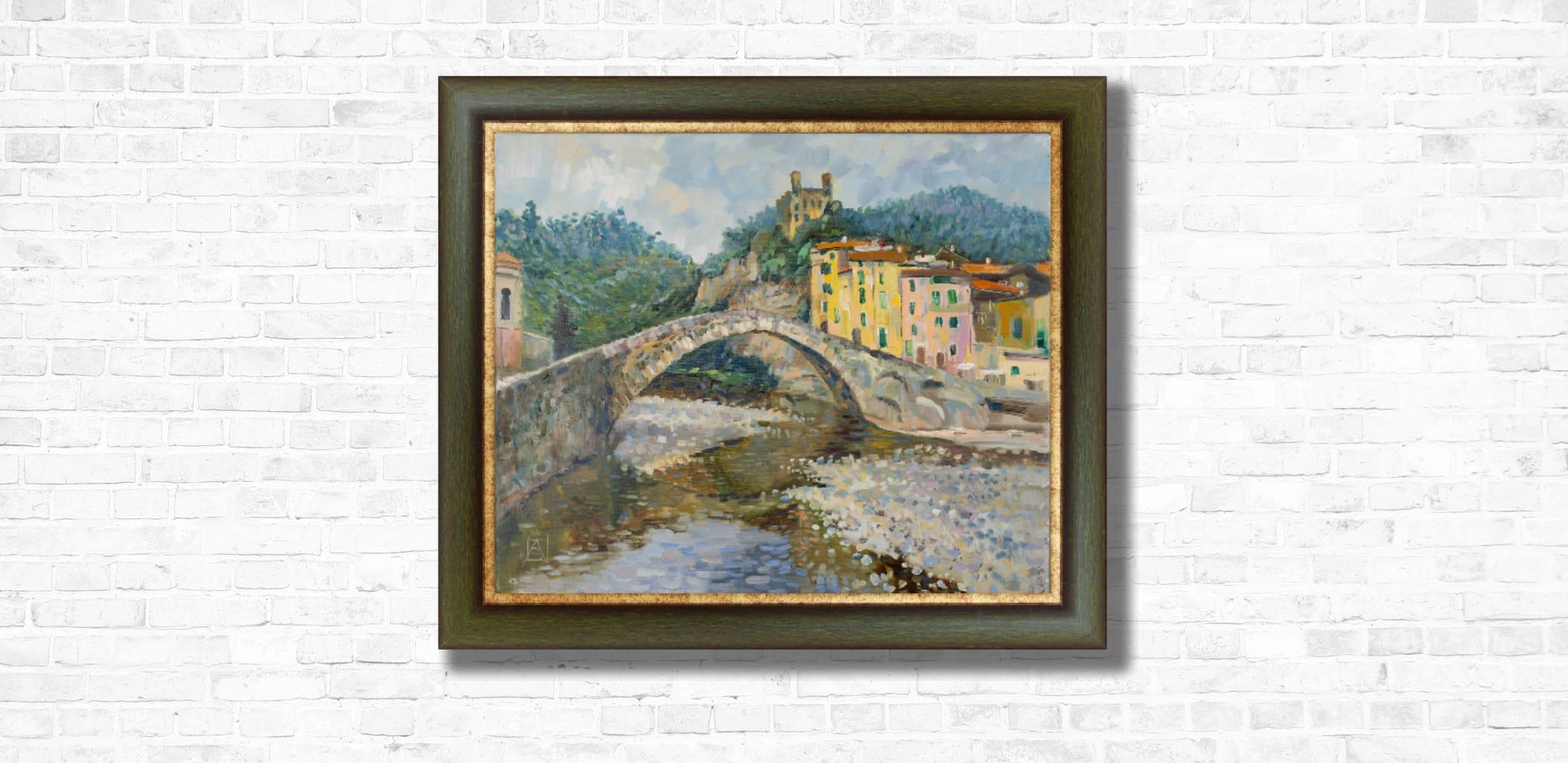 Brücke in Dolceaqua. Berge, Brücke, Fluss, Italien, Stadt, Schloss, Dolceacqua (Post-Impressionismus), Painting, von Anna Shesterikova
