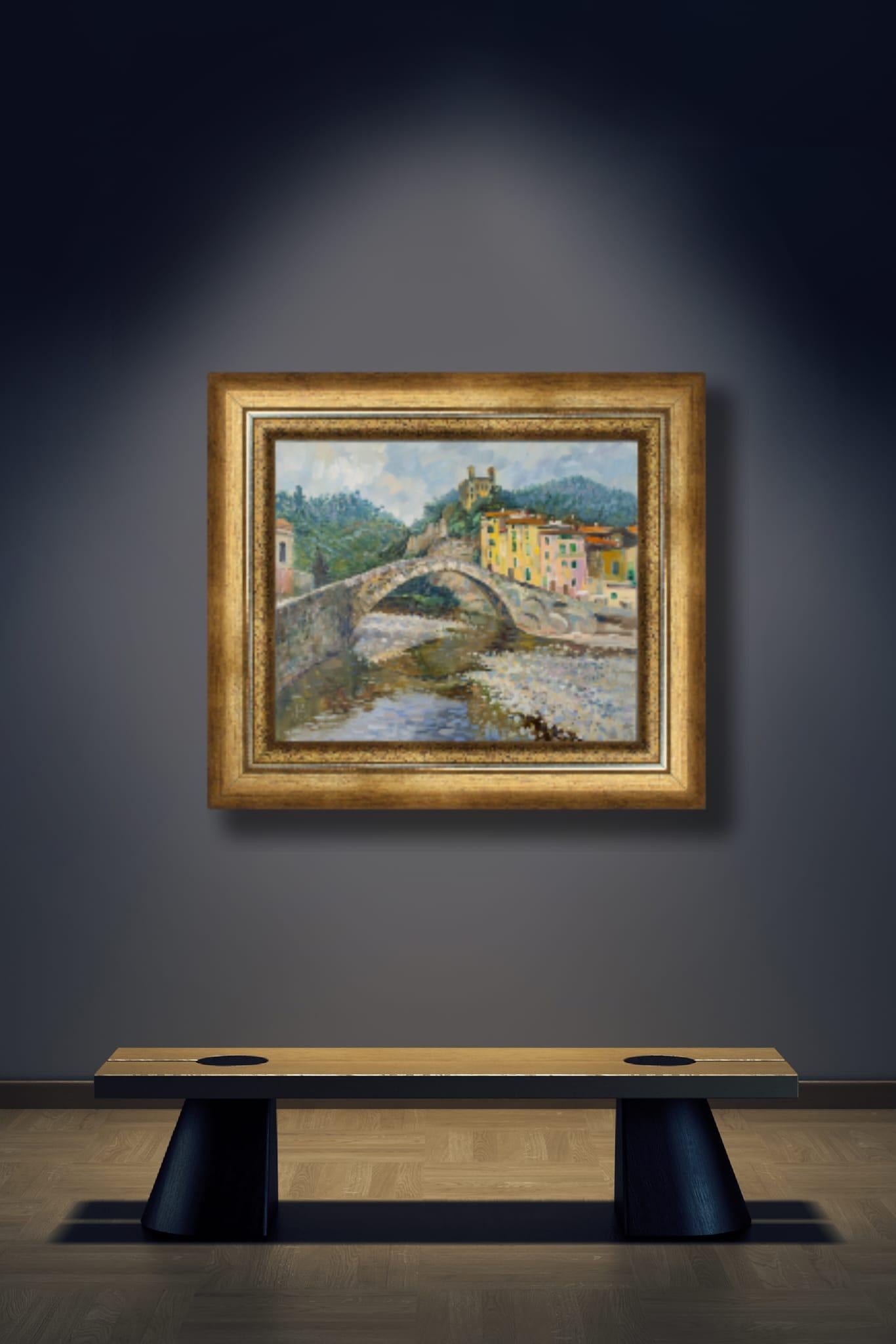Brücke in Dolceaqua. Berge, Brücke, Fluss, Italien, Stadt, Schloss, Dolceacqua (Grau), Landscape Painting, von Anna Shesterikova