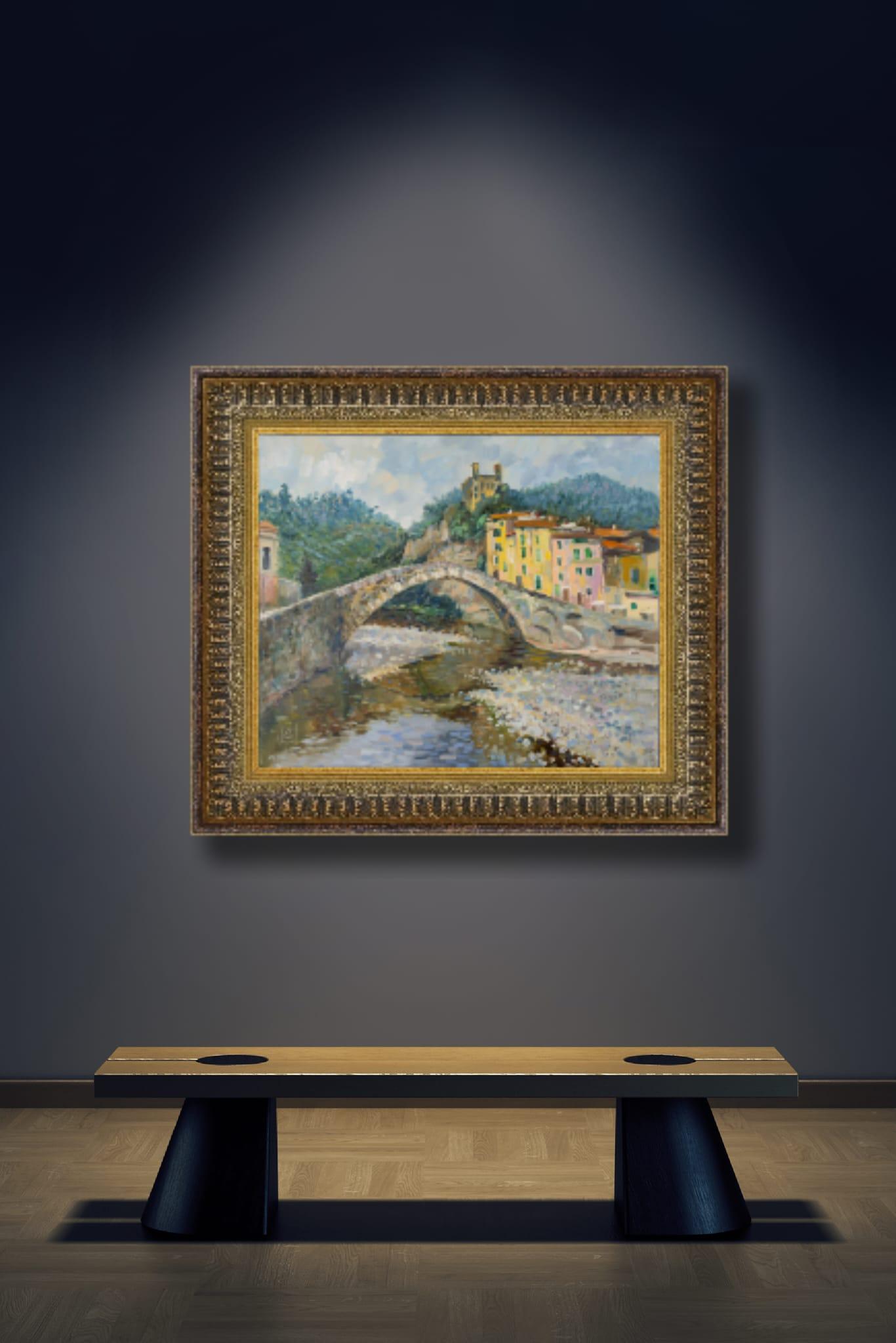 Die Künstlerin Anna Shesterikova hat dieses Bild in Italien gemalt, während ihrer Reise im Juni 2025. Die Leinwand zeigt eine malerische Ecke Liguriens - die antike Brücke in Dolceacqua, die für ihren geschwungenen Bogen berühmt ist und viele