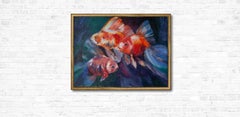 Bringing Happiness. Goldfish, underwater world, blue, red, impressionism